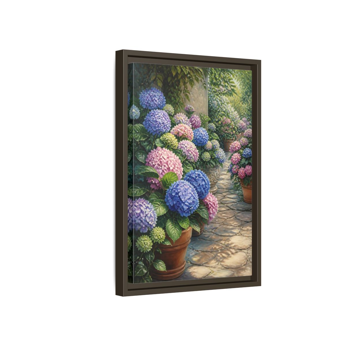 Side Mockup 5. Floral Hydrangea Garden Path shown as framed canvas print