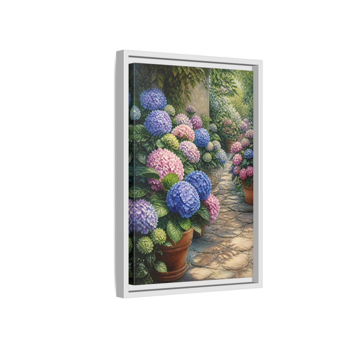 Side Mockup 4. Floral Hydrangea Garden Path shown as framed canvas print