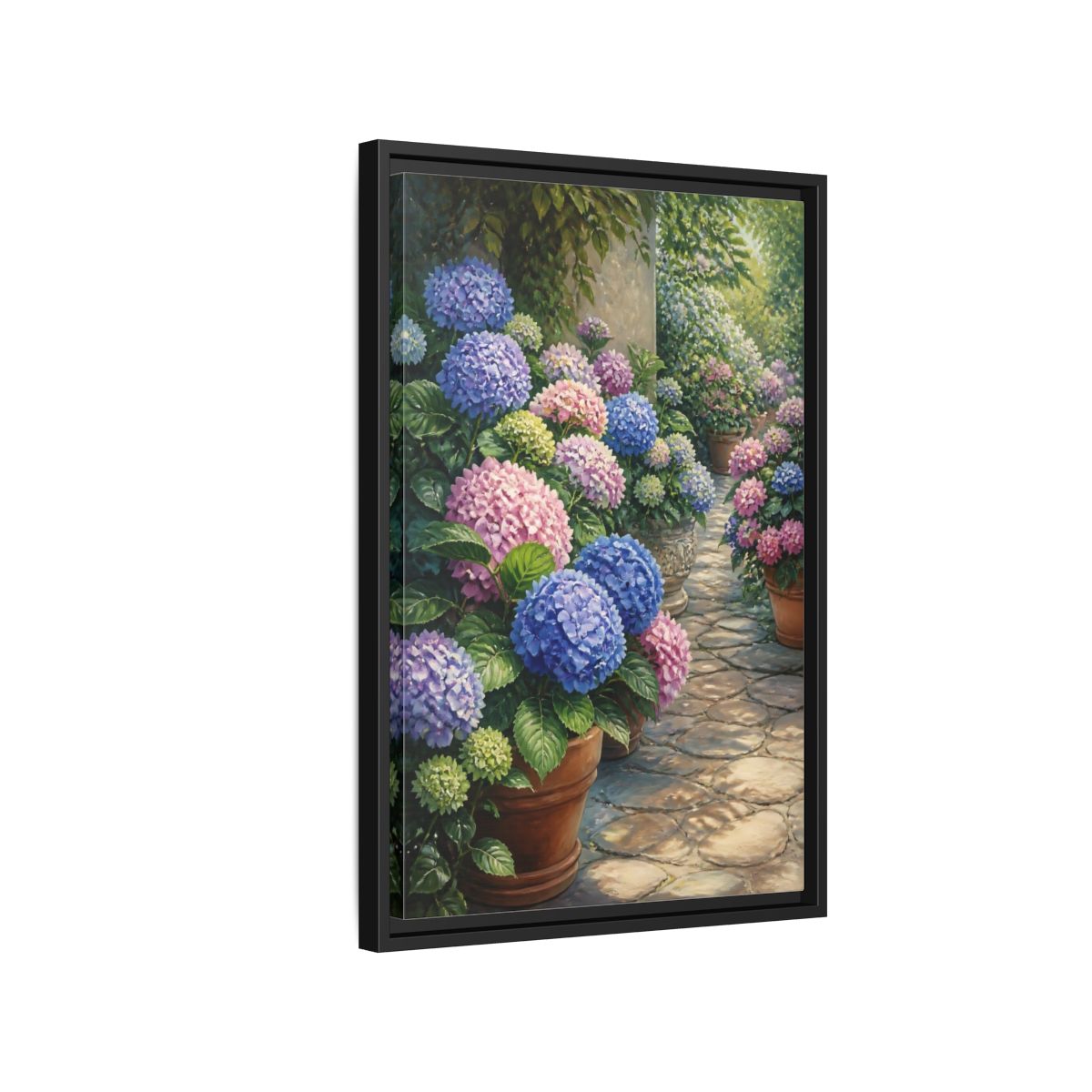 Side Mockup 3. Floral Hydrangea Garden Path shown as framed canvas print