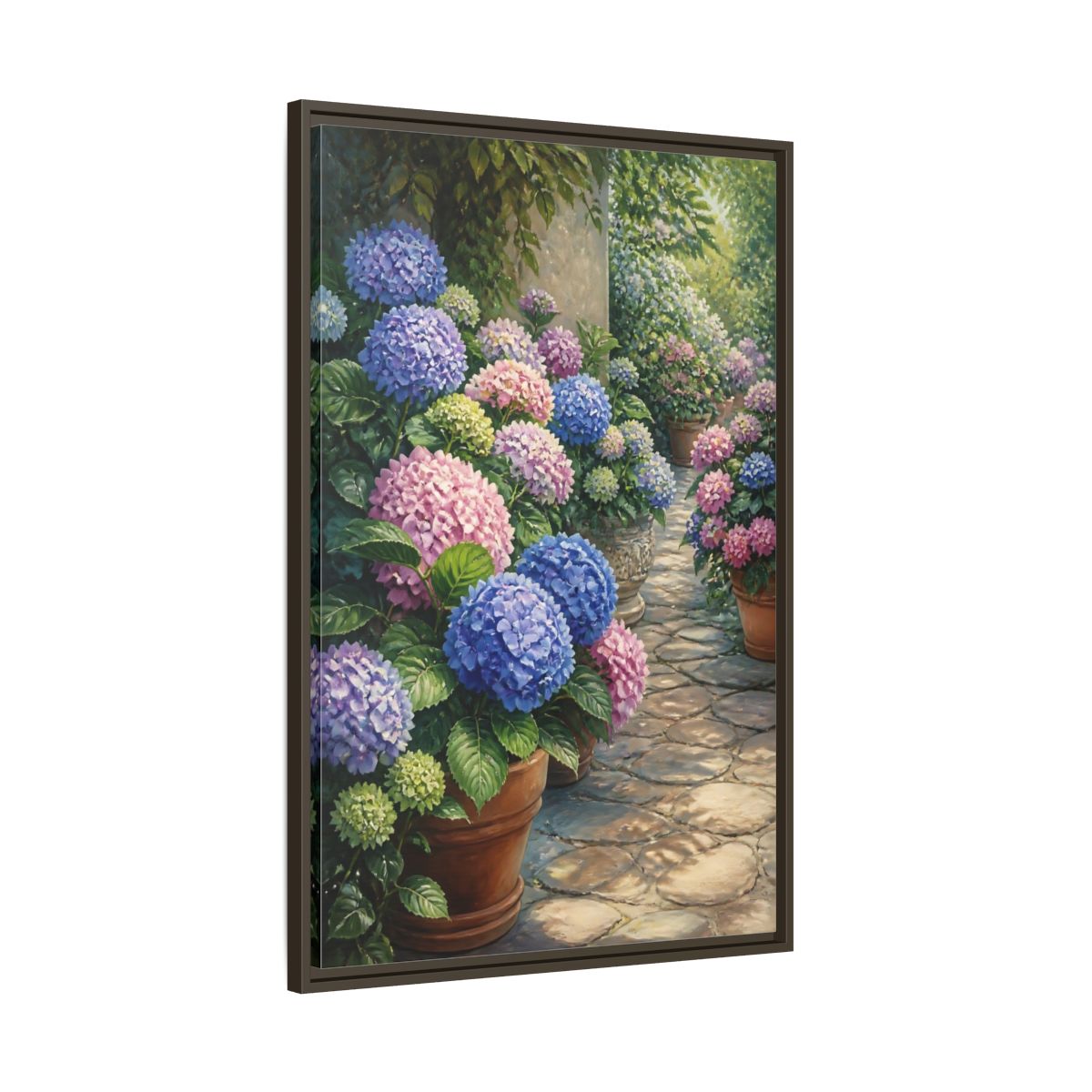 Main Mockup. Floral Hydrangea Garden Path shown as framed canvas print