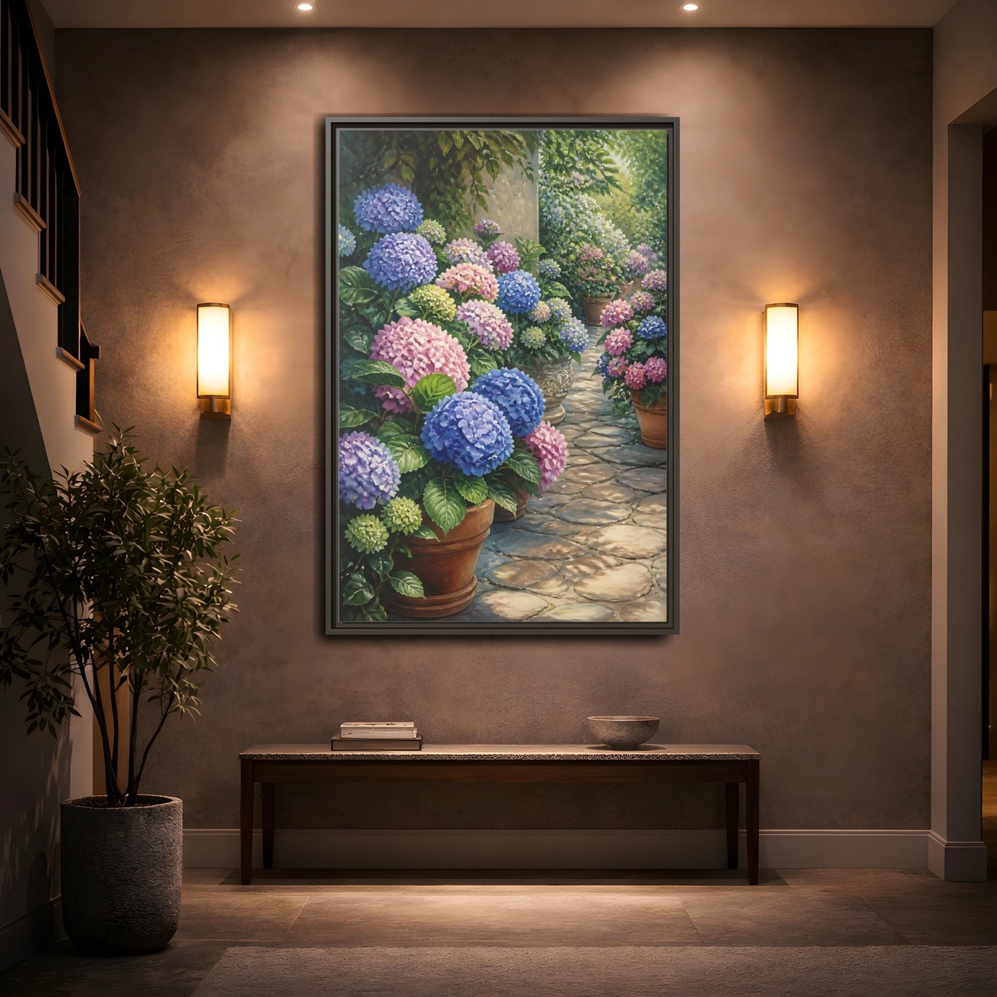 Mockup 2. Floral Hydrangea Garden Path shown as framed canvas print