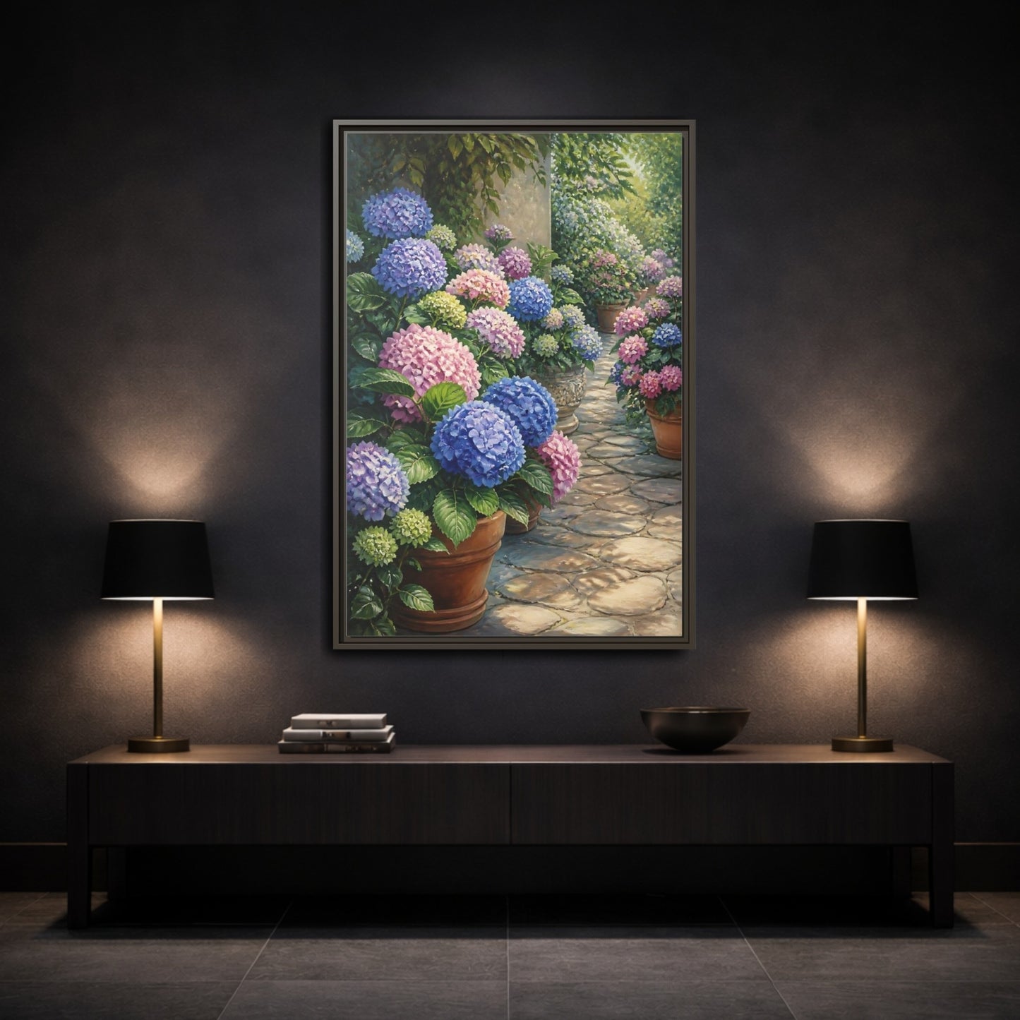 Mockup 3. Floral Hydrangea Garden Path shown as framed canvas print