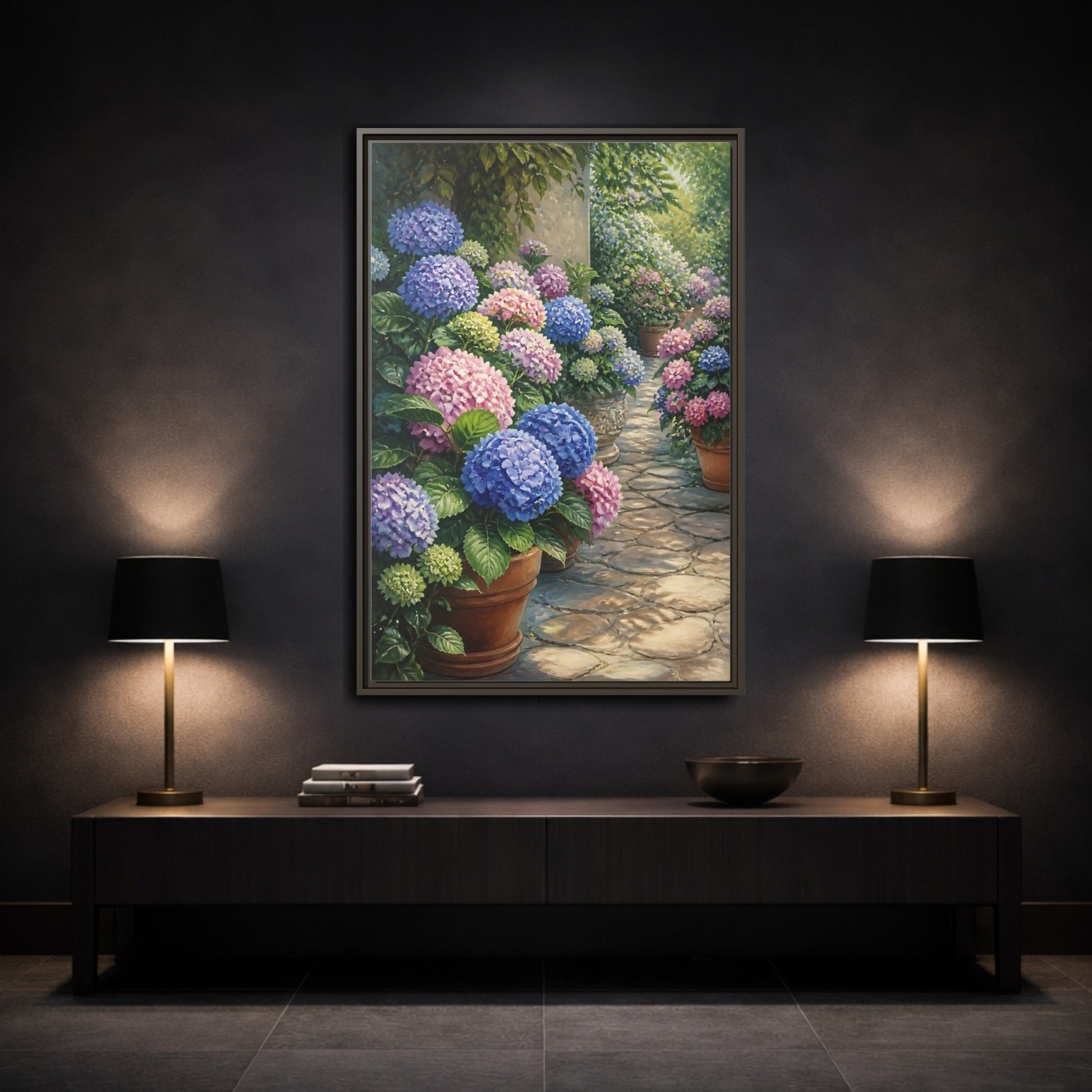 Mockup 3. Floral Hydrangea Garden Path shown as framed canvas print