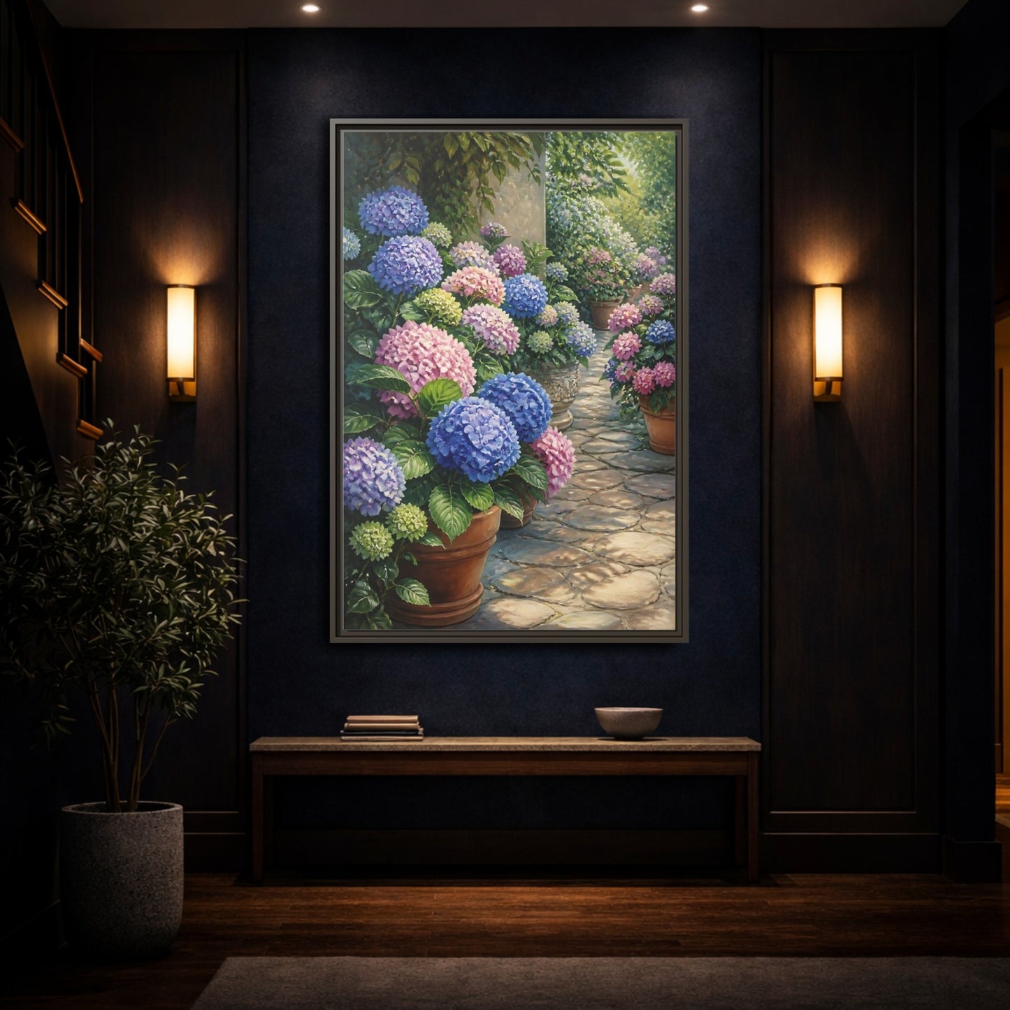 Mockup 4. Floral Hydrangea Garden Path shown as framed canvas print