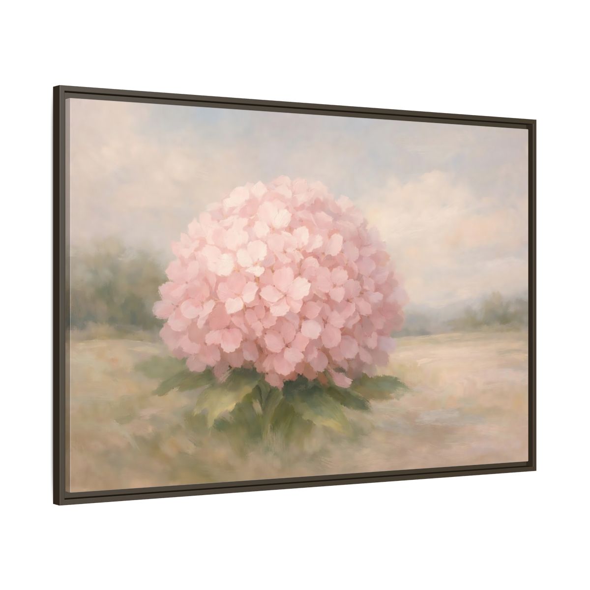 Main Mockup. Floral Hydrangea Pink And Pastel shown as stretched canvas wall art
