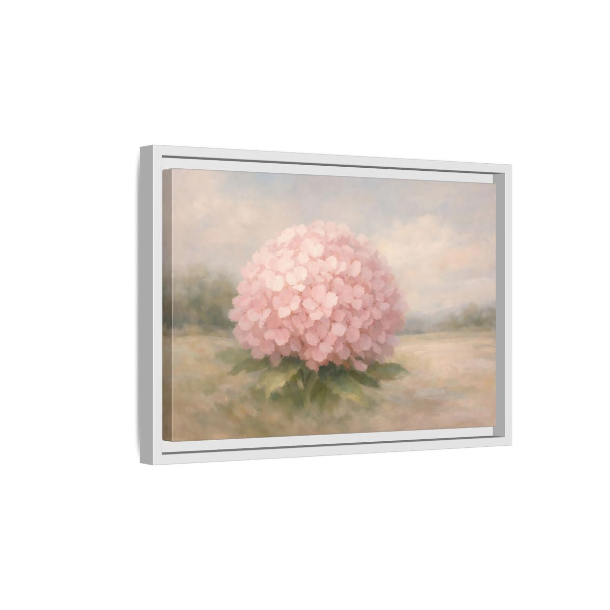 Side Mockup 4. Floral Hydrangea Pink And Pastel shown as stretched canvas wall art