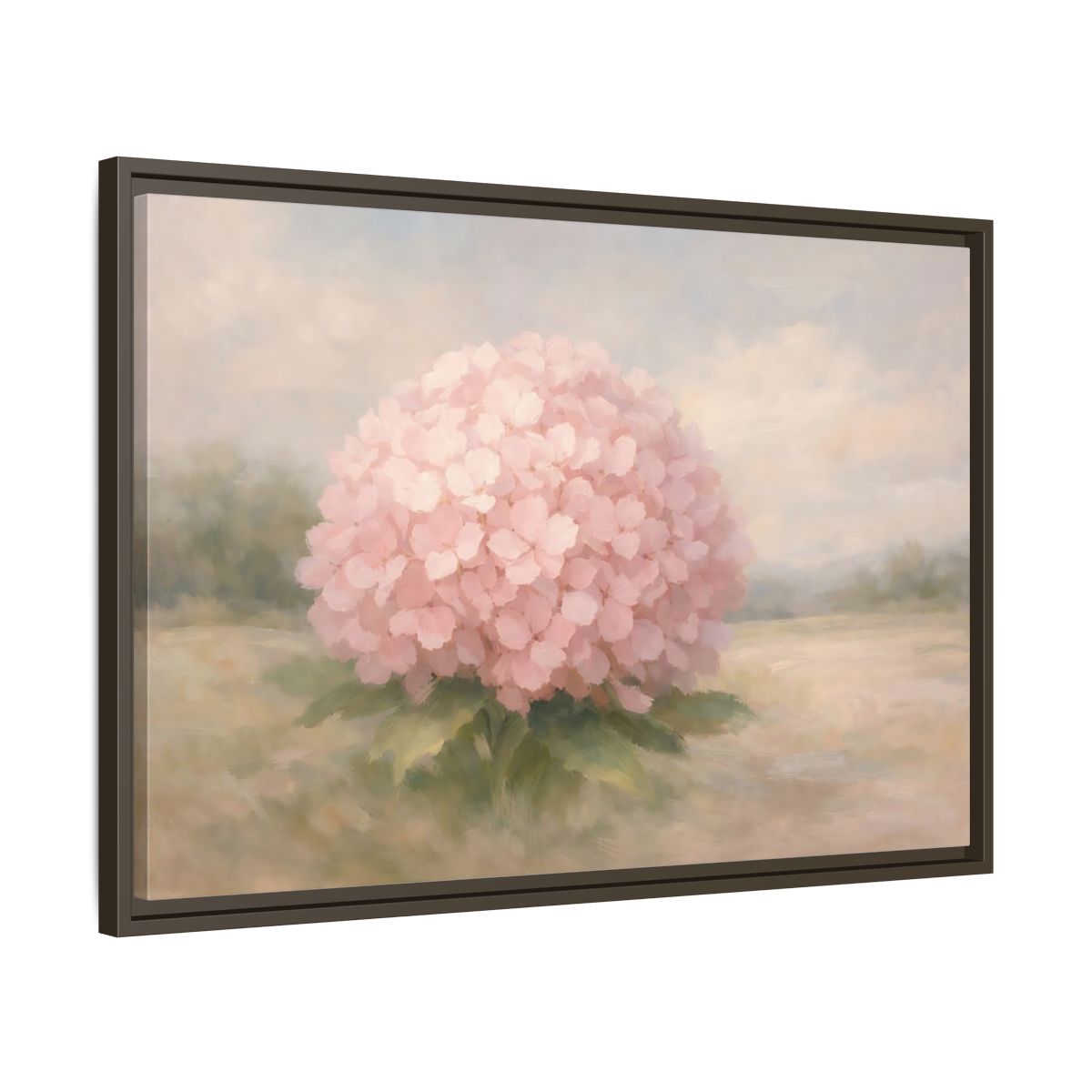 Side Mockup 11. Floral Hydrangea Pink And Pastel shown as stretched canvas wall art
