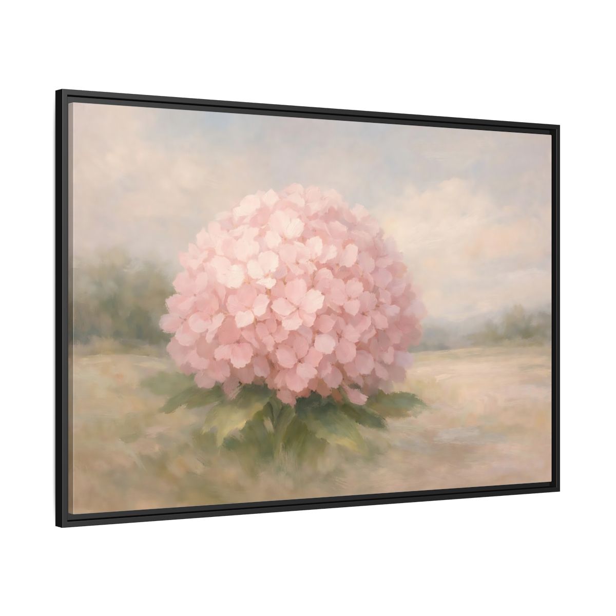 Side Mockup 12. Floral Hydrangea Pink And Pastel shown as stretched canvas wall art
