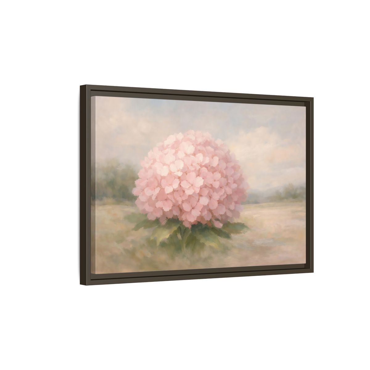 Side Mockup 2. Floral Hydrangea Pink And Pastel shown as stretched canvas wall art