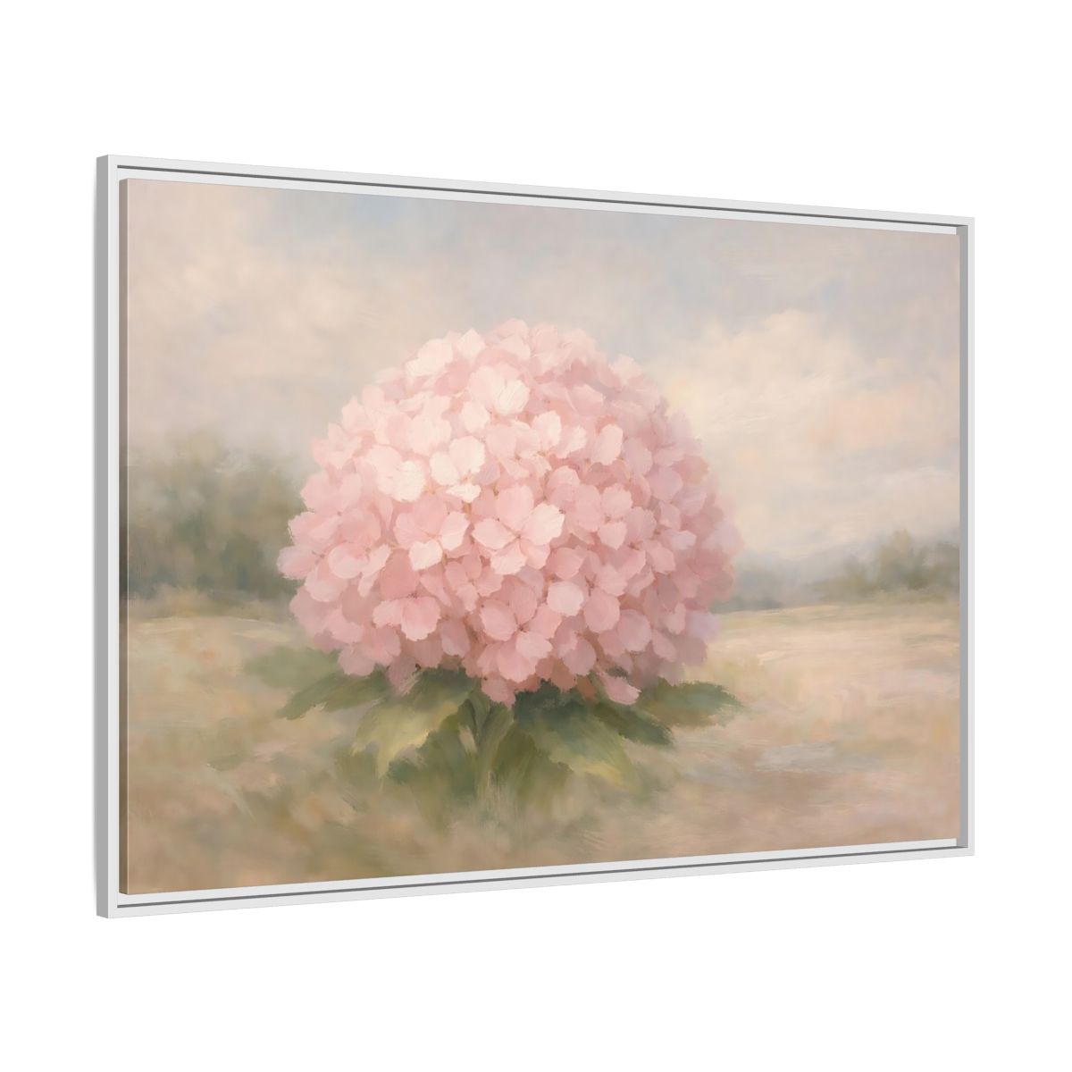 Side Mockup 7. Floral Hydrangea Pink And Pastel shown as stretched canvas wall art