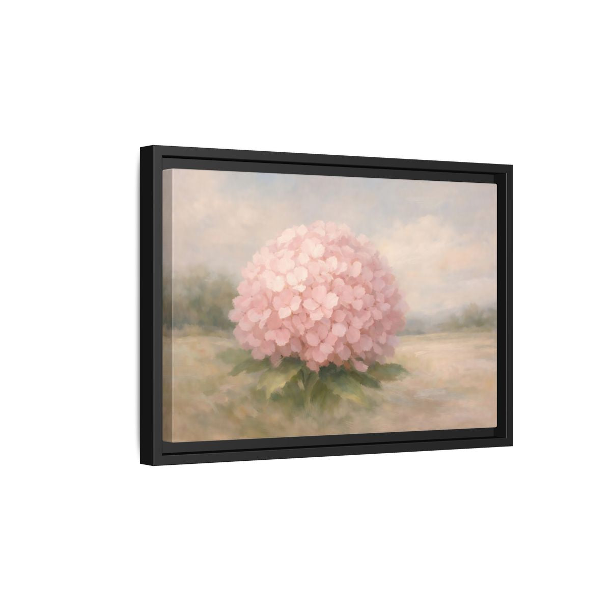 Side Mockup 6. Floral Hydrangea Pink And Pastel shown as stretched canvas wall art