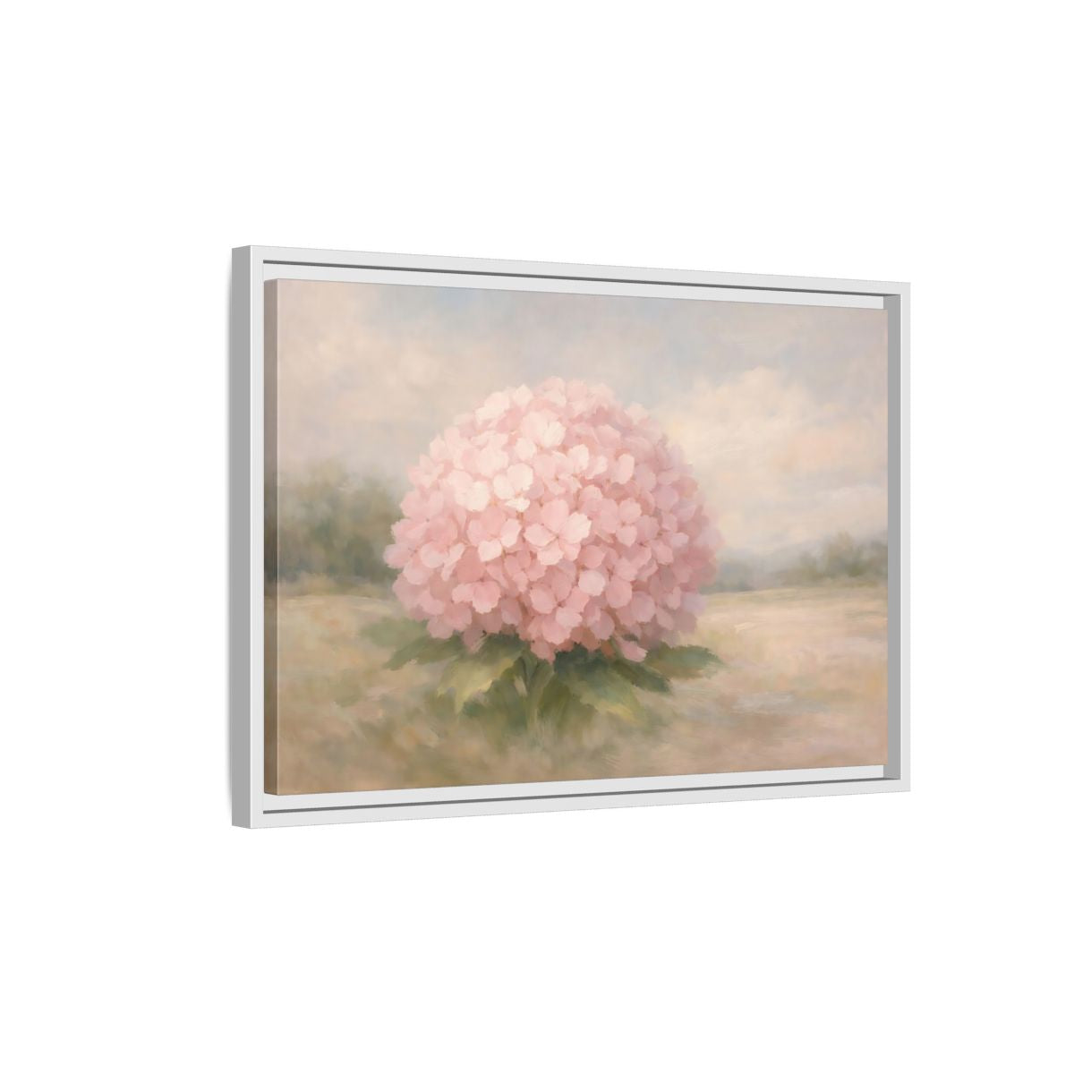 Side Mockup 1. Floral Hydrangea Pink And Pastel shown as stretched canvas wall art