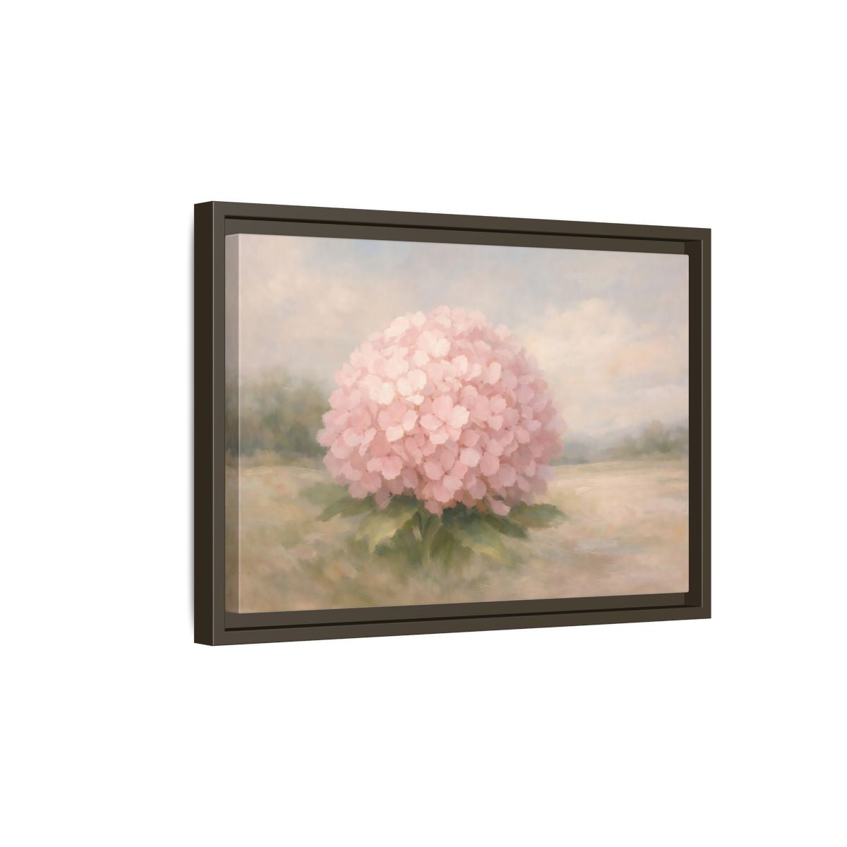 Side Mockup 5. Floral Hydrangea Pink And Pastel shown as stretched canvas wall art