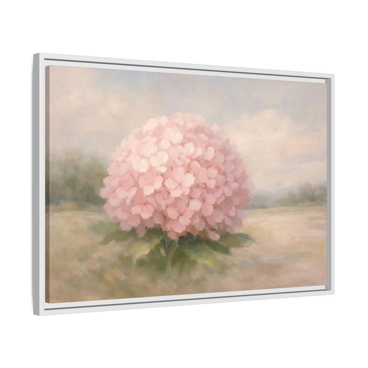 Side Mockup 10. Floral Hydrangea Pink And Pastel shown as stretched canvas wall art