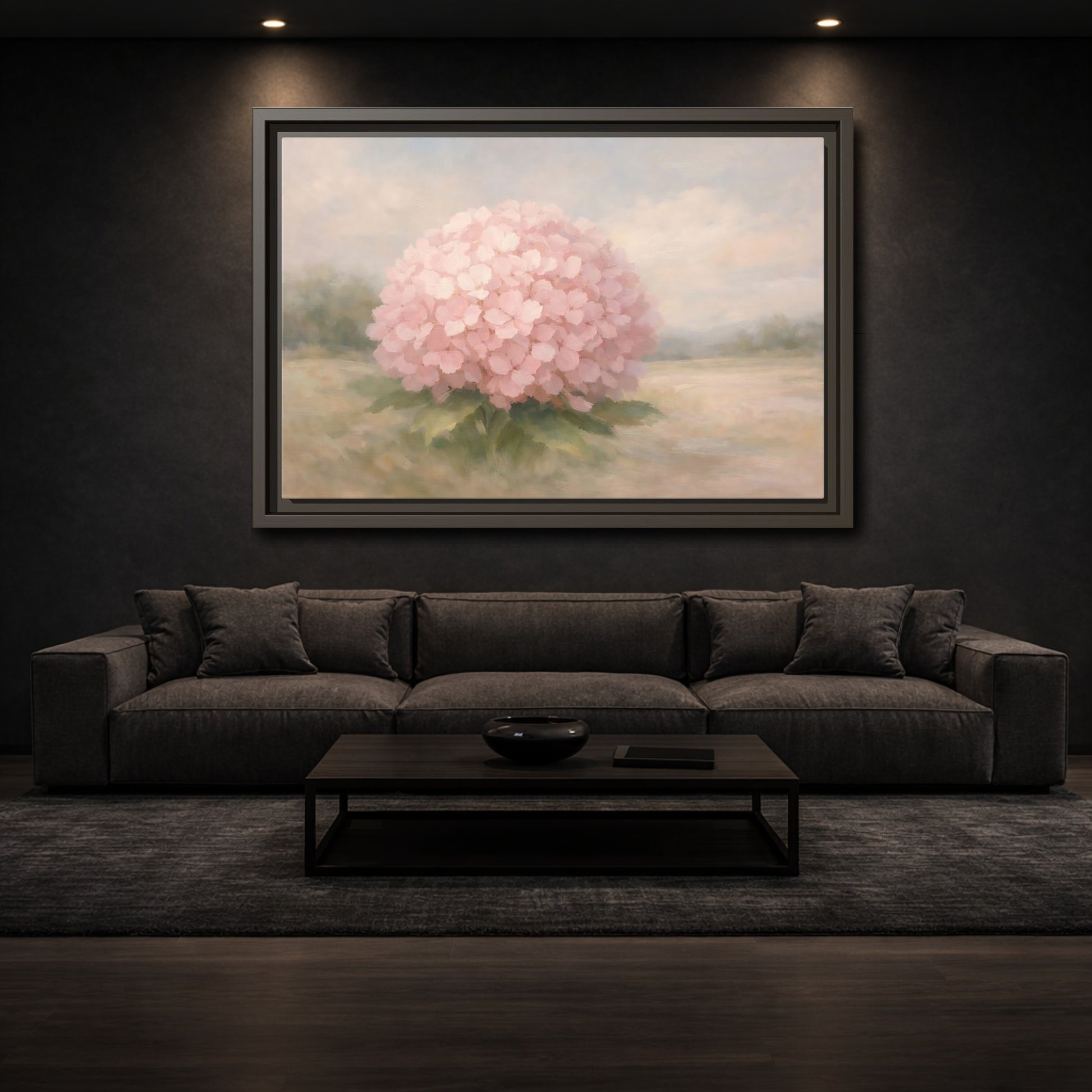 Mockup 2. Floral Hydrangea Pink And Pastel shown as stretched canvas wall art