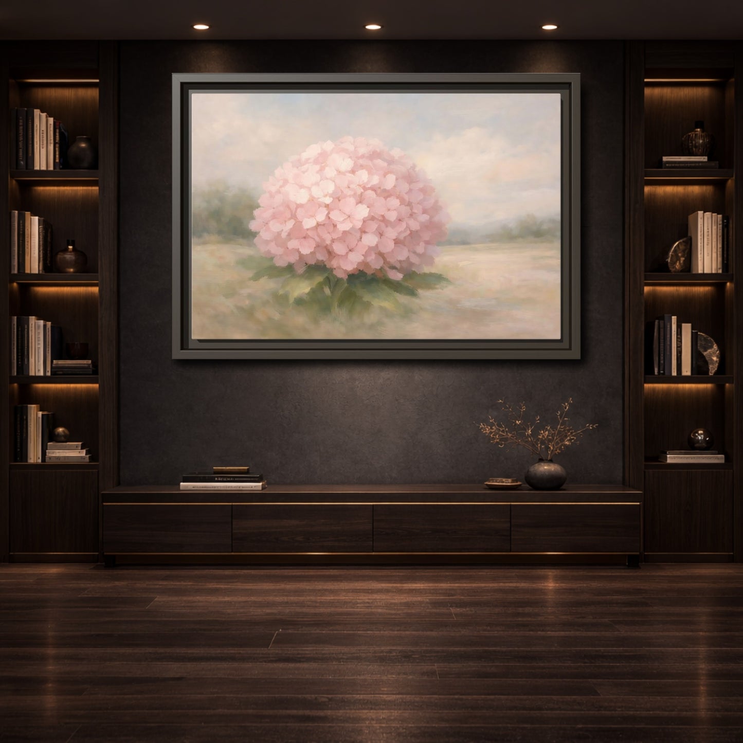 Mockup 3. Floral Hydrangea Pink And Pastel shown as stretched canvas wall art