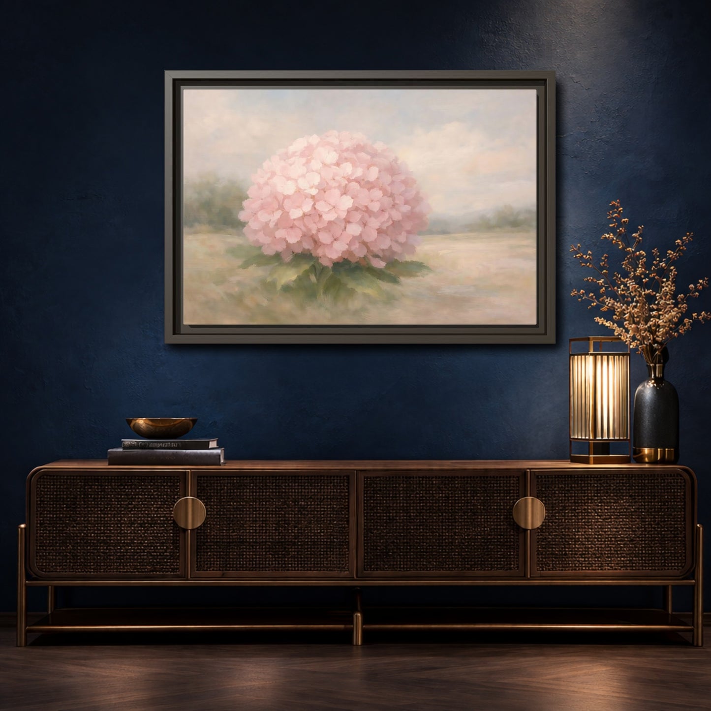Mockup 4. Floral Hydrangea Pink And Pastel shown as stretched canvas wall art