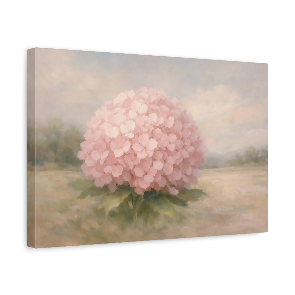 Side Mockup 4. Floral Hydrangea Pink Floral shown as stretched canvas wall art