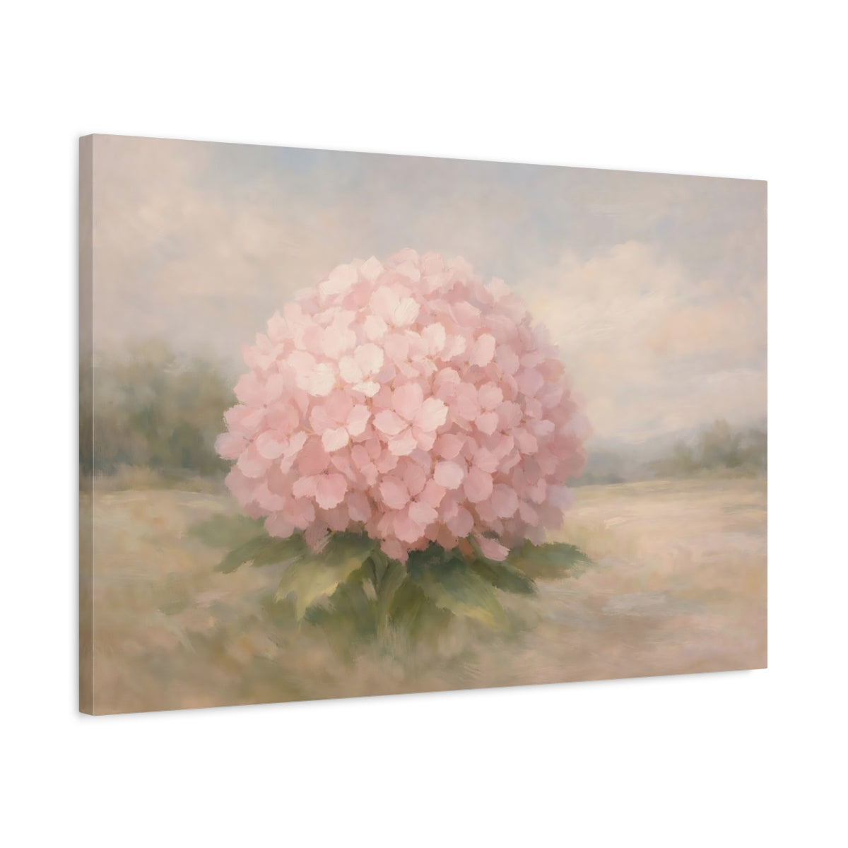 Side Mockup 2. Floral Hydrangea Pink Floral shown as stretched canvas wall art