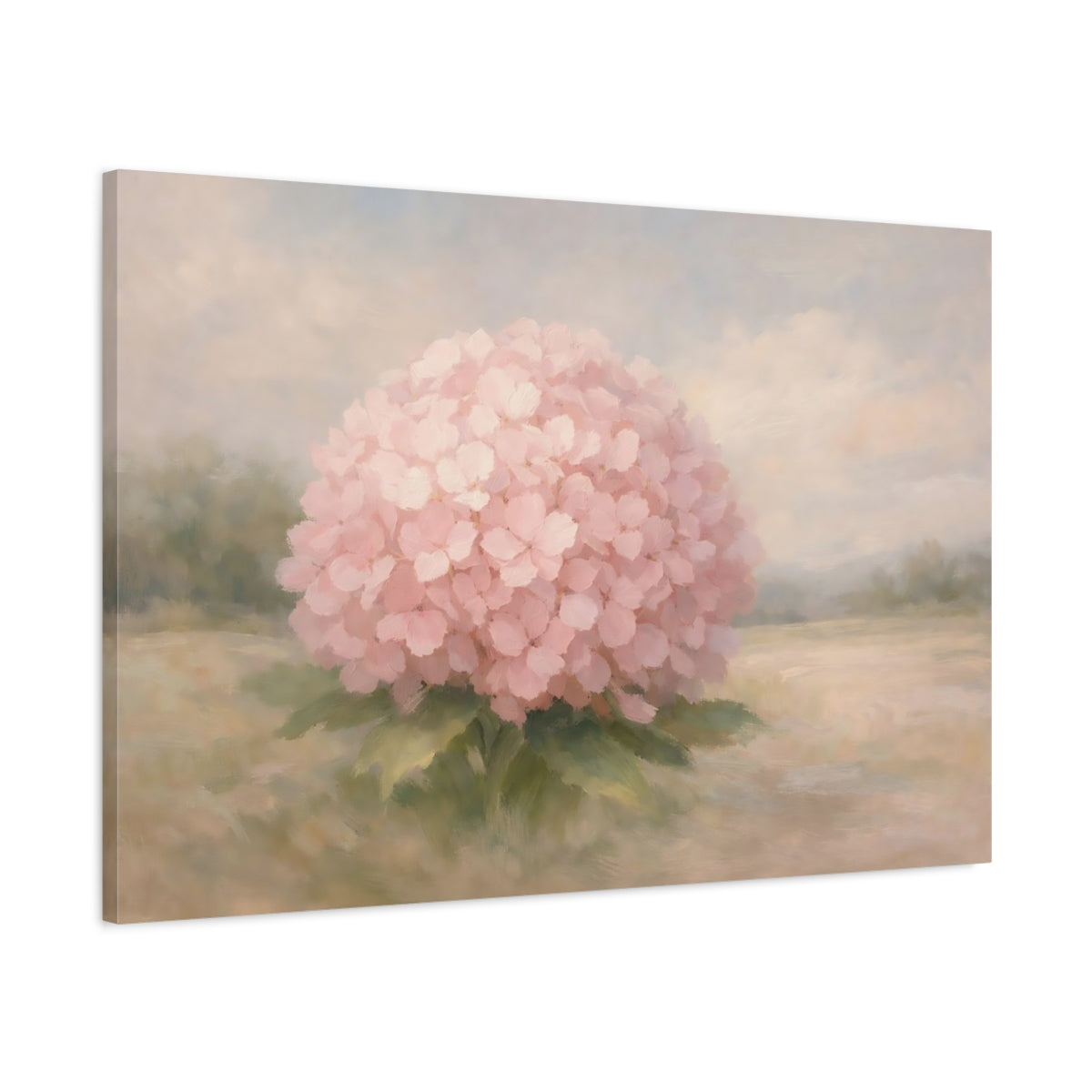 Side Mockup 1. Floral Hydrangea Pink Floral shown as stretched canvas wall art
