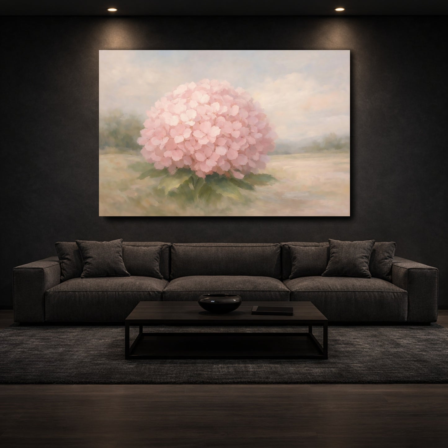 Mockup 2. Floral Hydrangea Pink Floral shown as stretched canvas wall art