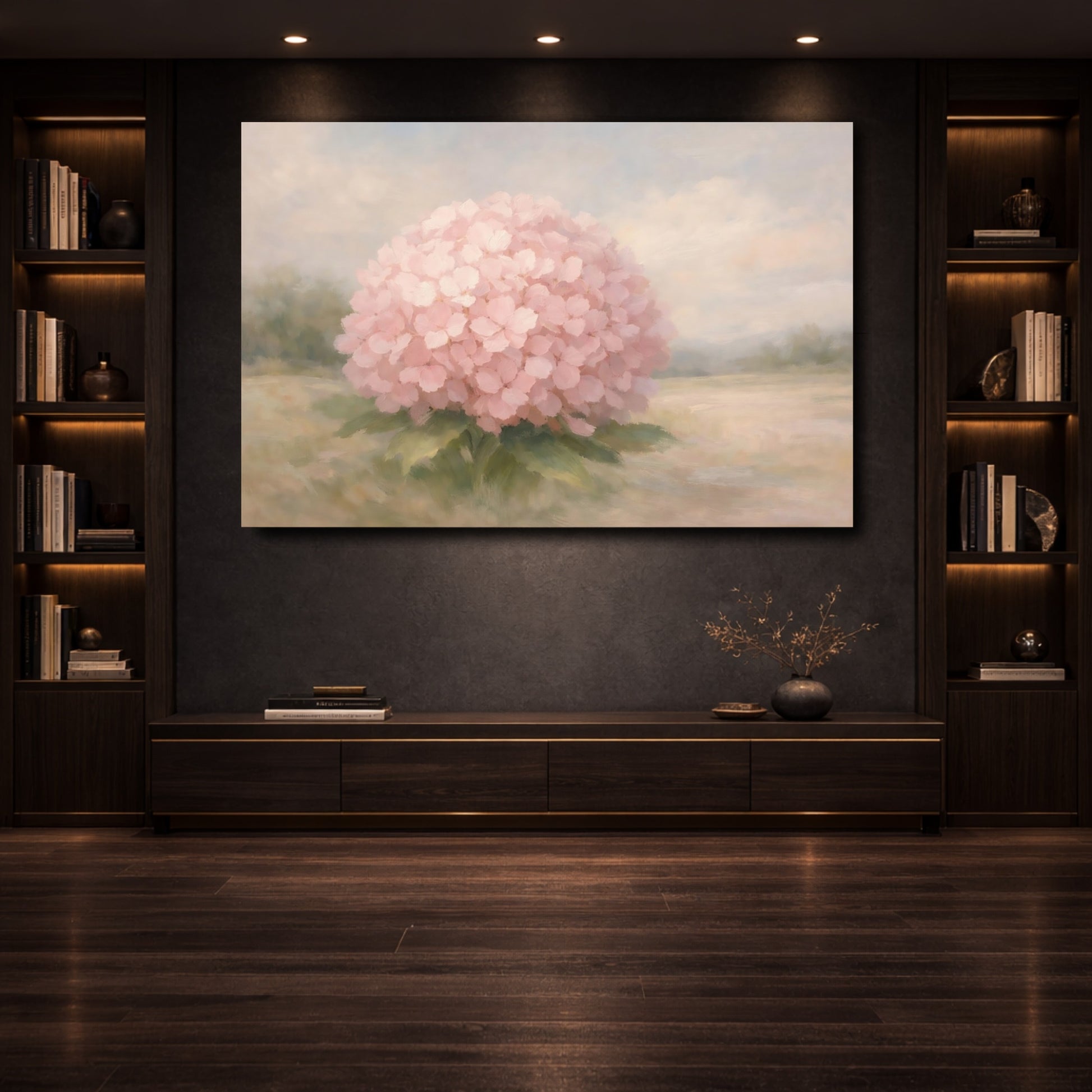 Mockup 3. Floral Hydrangea Pink Floral shown as stretched canvas wall art