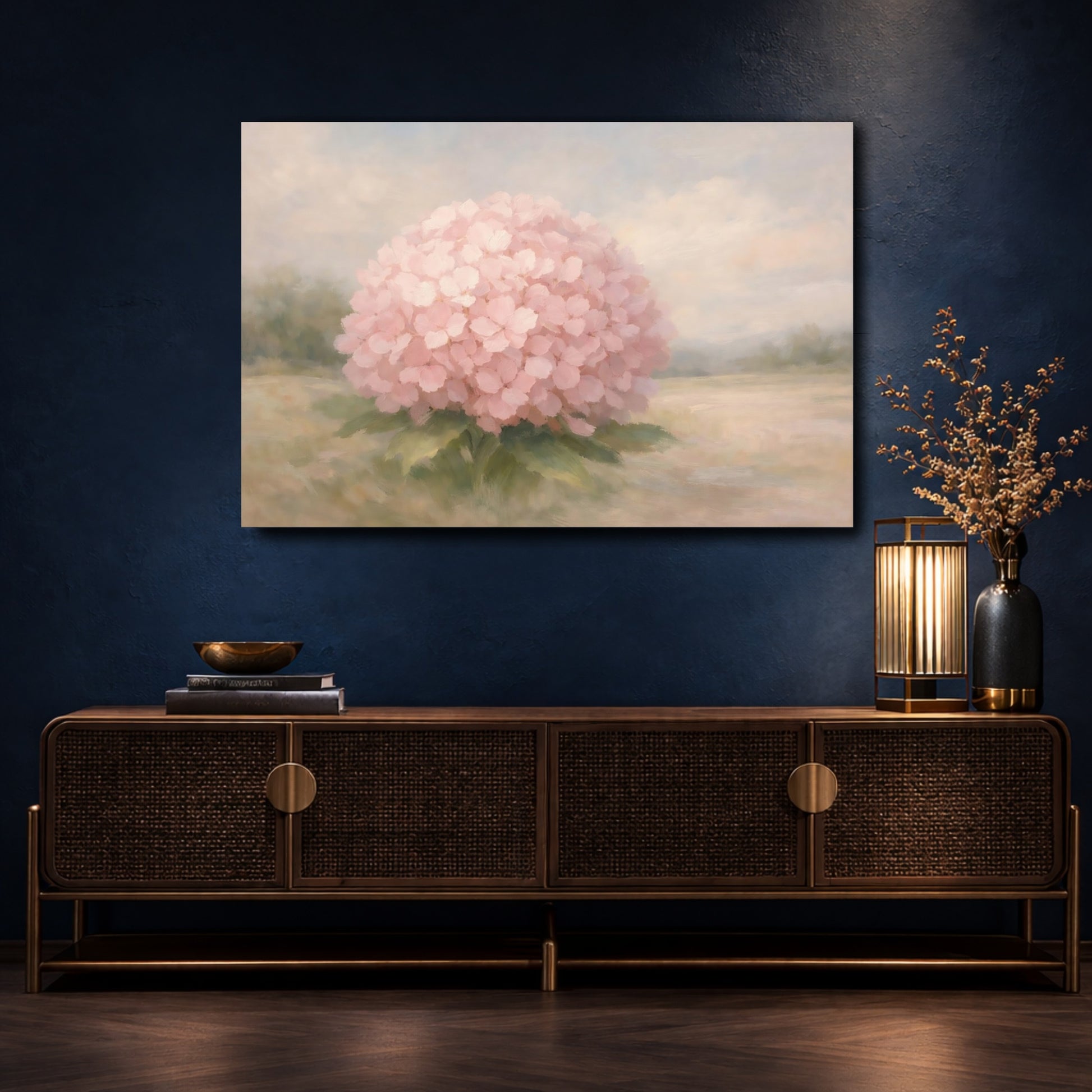Mockup 4. Floral Hydrangea Pink Floral shown as stretched canvas wall art
