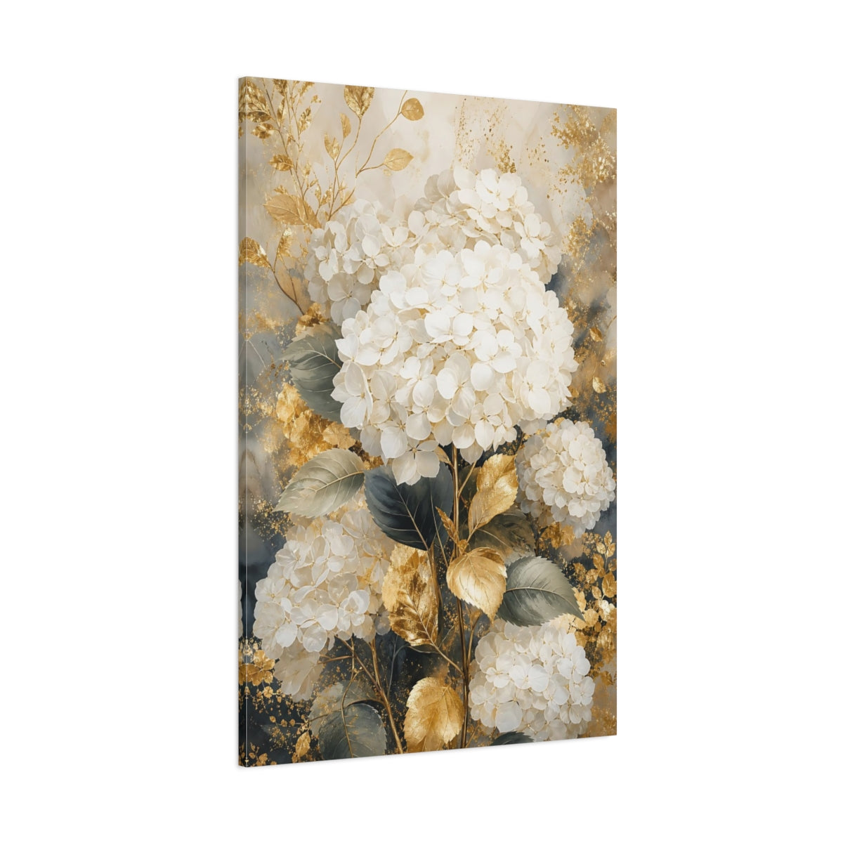 Side Mockup 1. Floral Hydrangea White Gold Floral shown as stretched canvas wall art