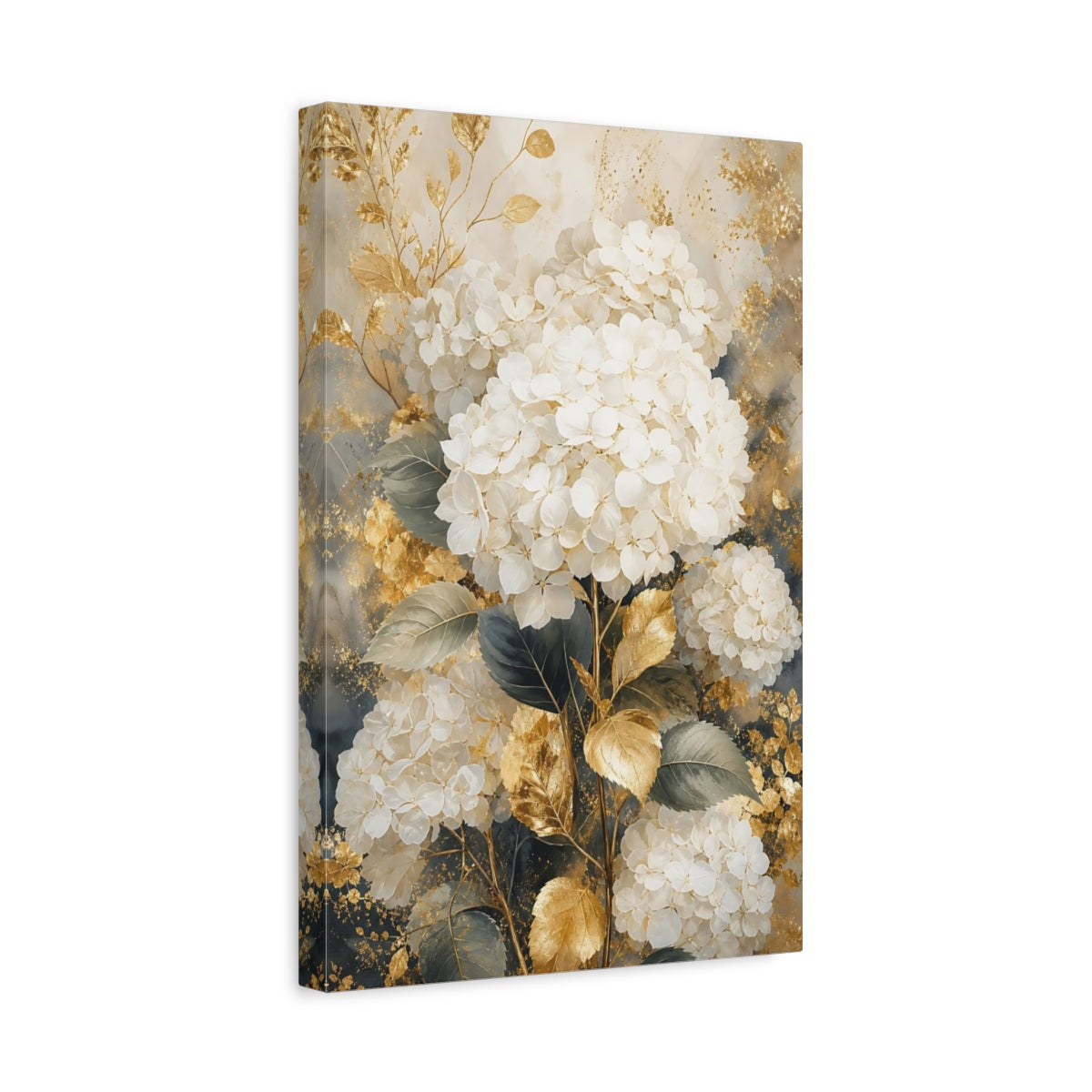 Side Mockup 4. Floral Hydrangea White Gold Floral shown as stretched canvas wall art