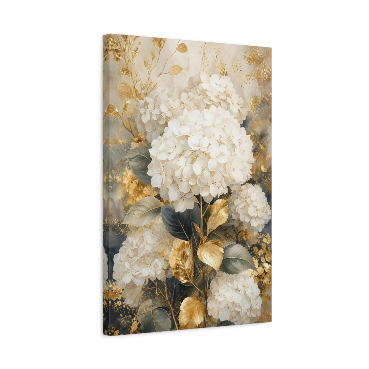 Side Mockup 3. Floral Hydrangea White Gold Floral shown as stretched canvas wall art