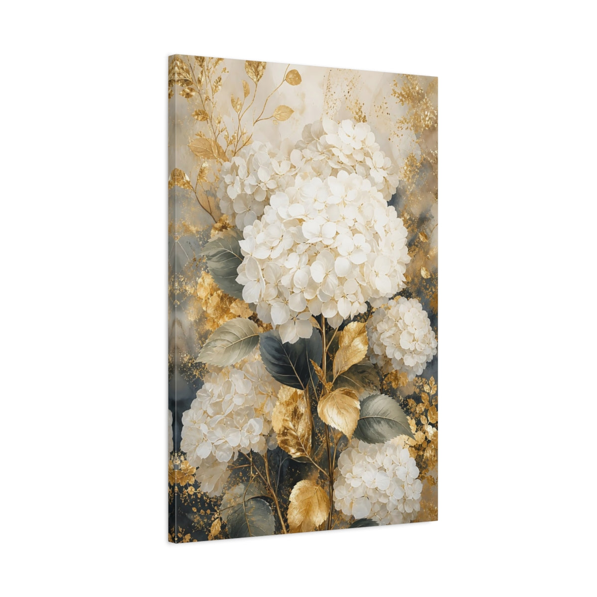 Main Mockup. Floral Hydrangea White Gold Floral shown as stretched canvas wall art