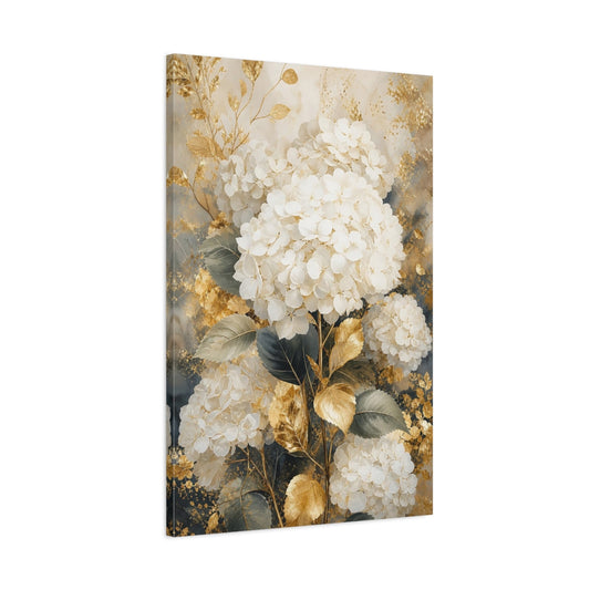 Main Mockup. Floral Hydrangea White Gold Floral shown as stretched canvas wall art
