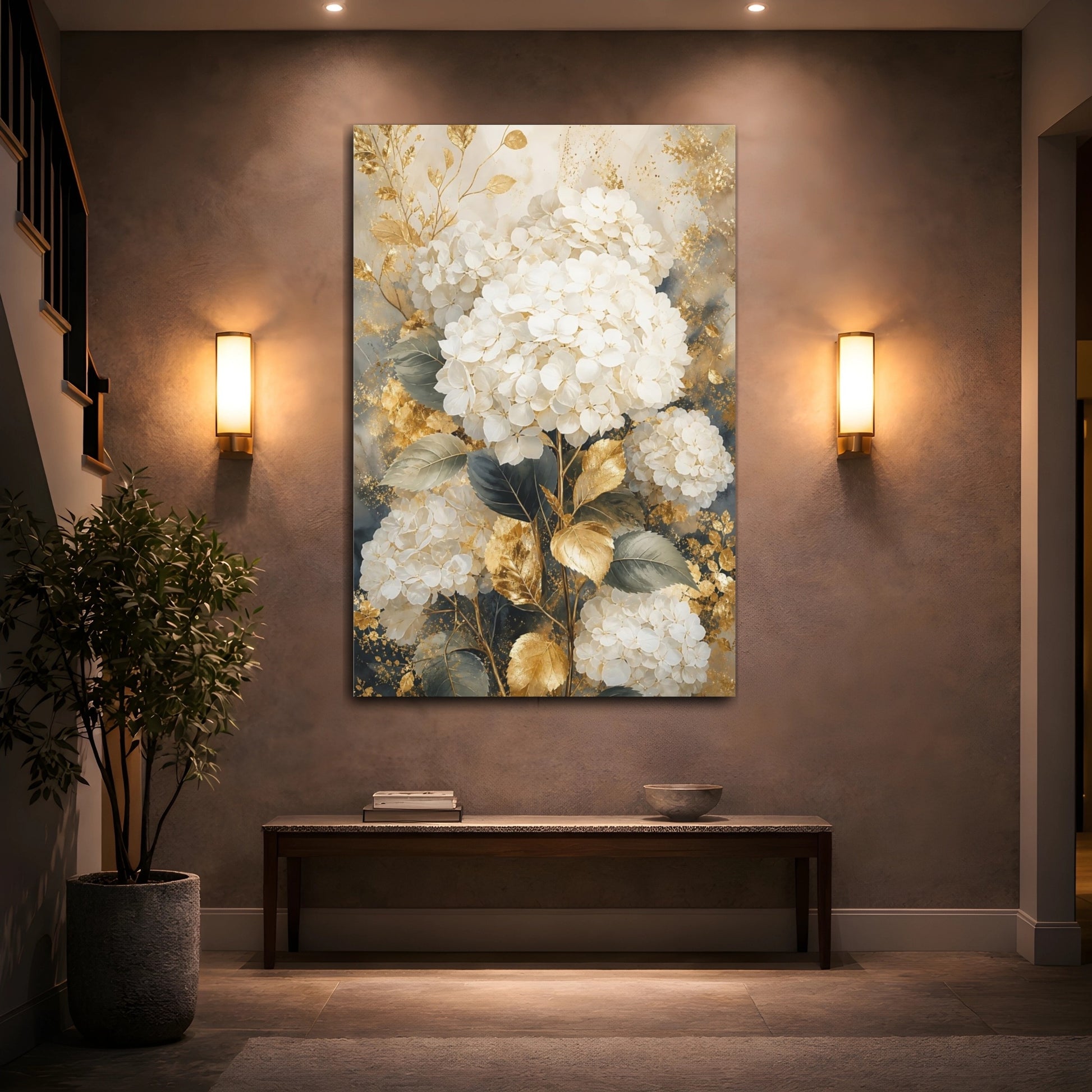 Mockup 2. Floral Hydrangea White Gold Floral shown as stretched canvas wall art