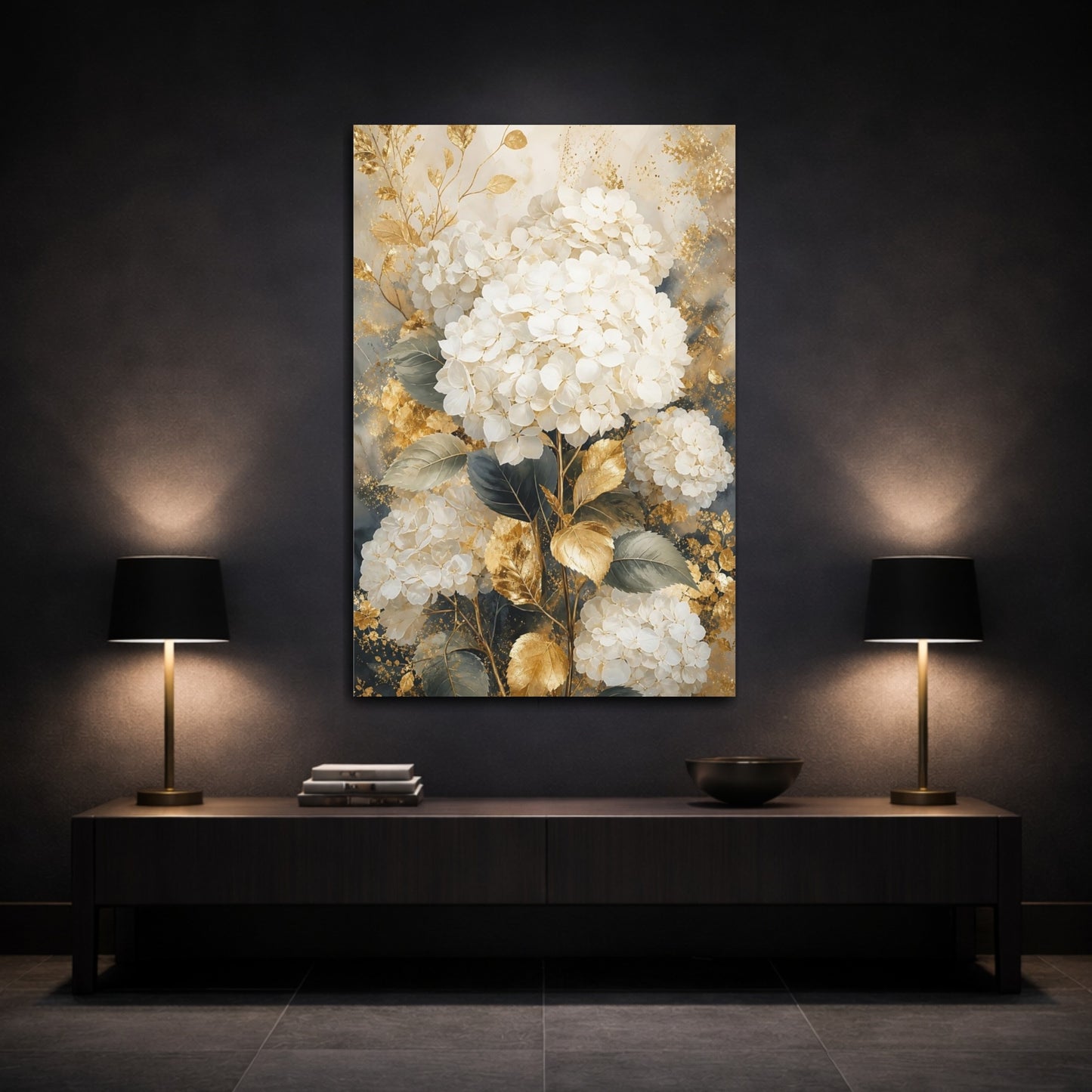 Mockup 3. Floral Hydrangea White Gold Floral shown as stretched canvas wall art