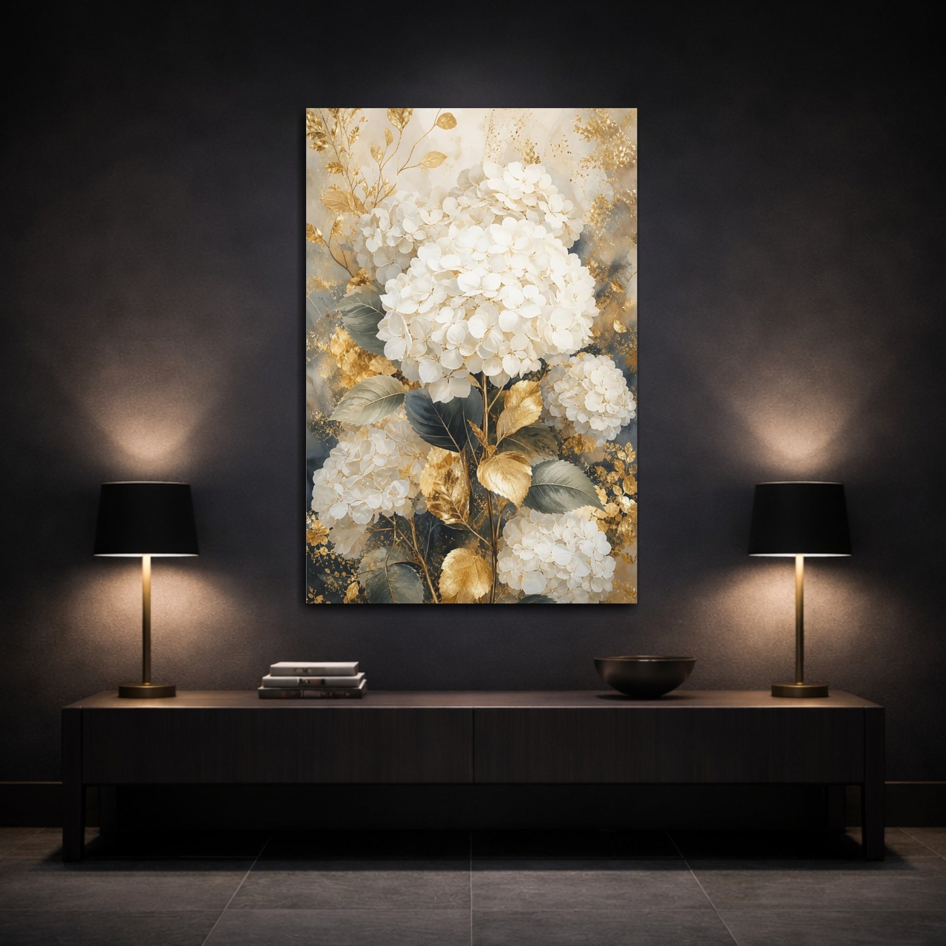 Mockup 3. Floral Hydrangea White Gold Floral shown as stretched canvas wall art