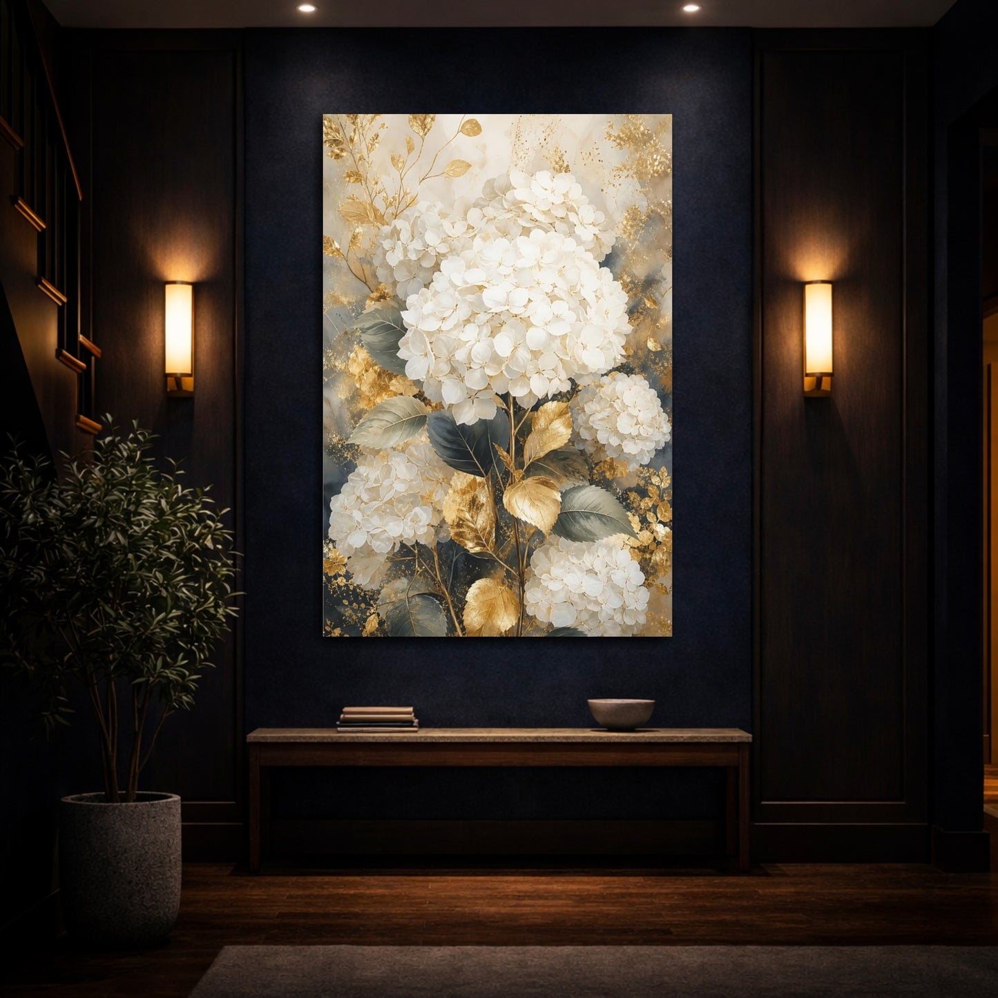 Mockup 4. Floral Hydrangea White Gold Floral shown as stretched canvas wall art