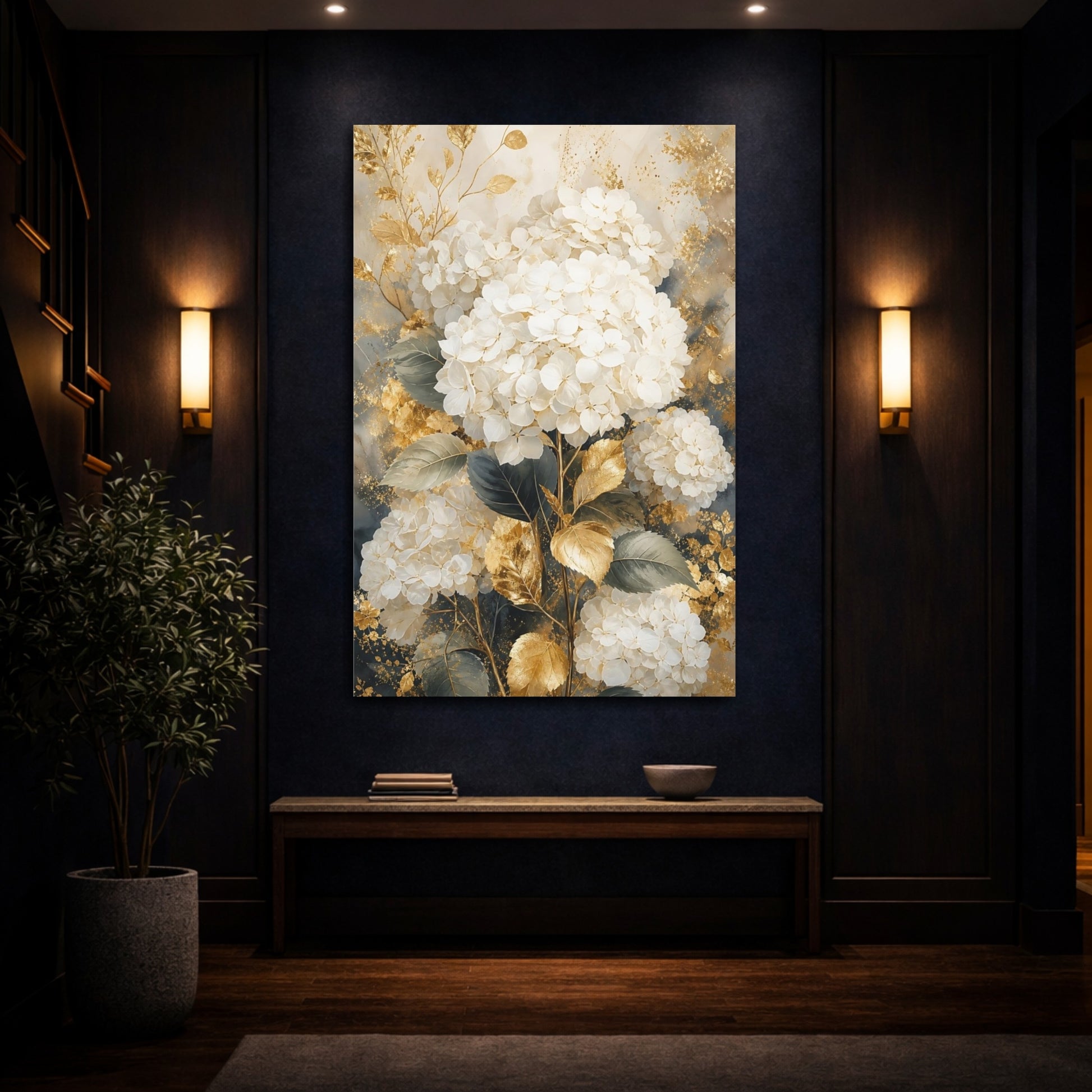 Mockup 4. Floral Hydrangea White Gold Floral shown as stretched canvas wall art