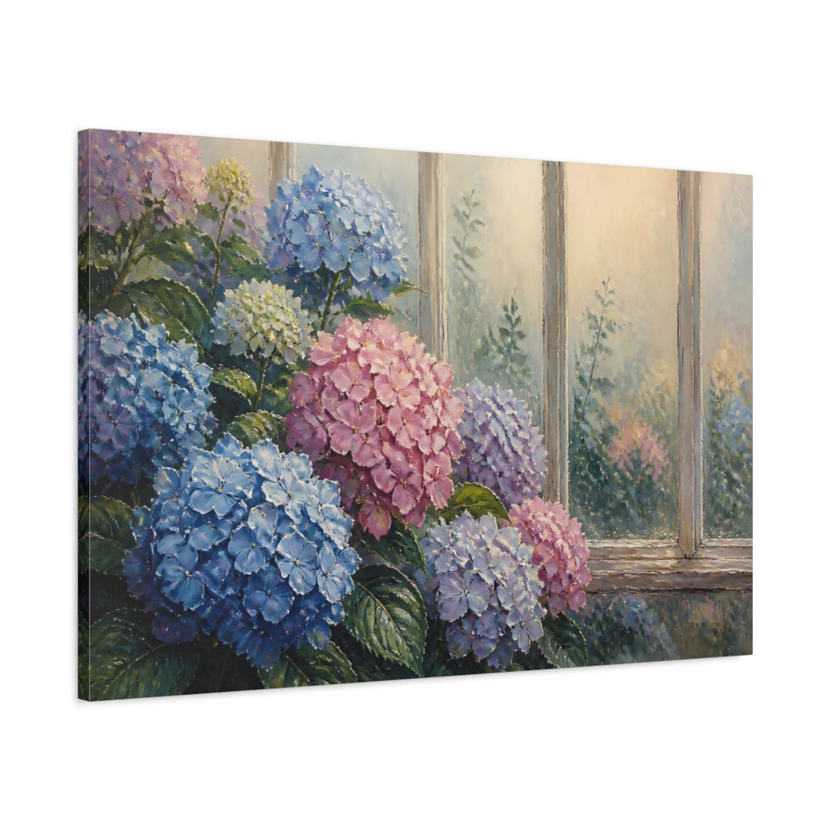 Main Mockup. Floral Hydrangea Window Scene shown as canvas print