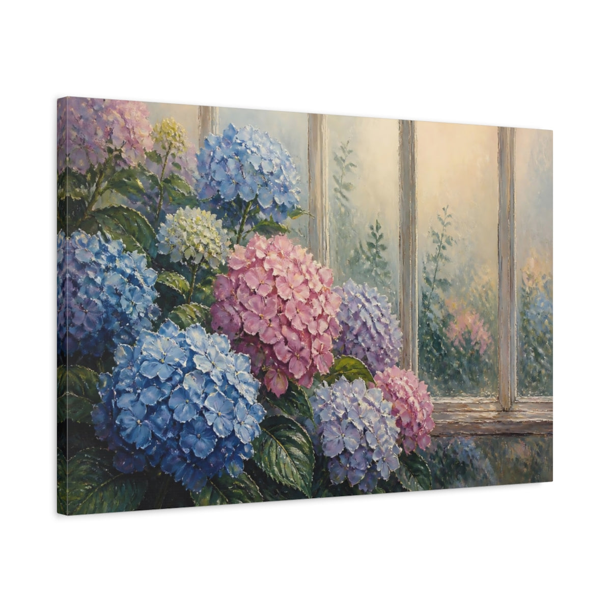 Side Mockup 2. Floral Hydrangea Window Scene shown as canvas print