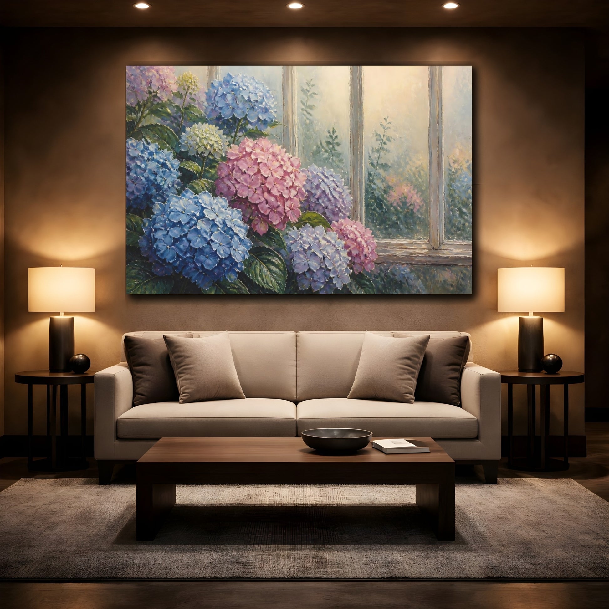 Mockup 2. Floral Hydrangea Window Scene shown as canvas print