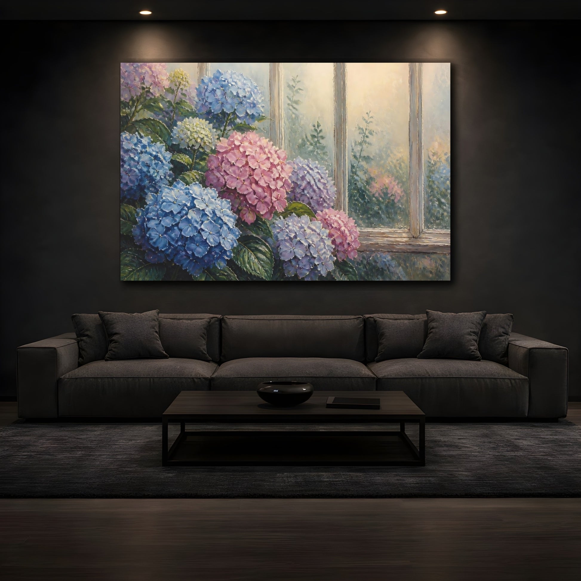 Mockup 3. Floral Hydrangea Window Scene shown as canvas print