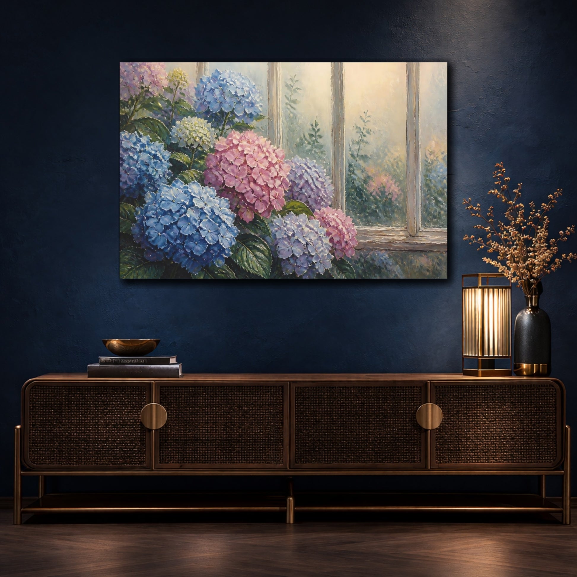 Mockup 4. Floral Hydrangea Window Scene shown as canvas print