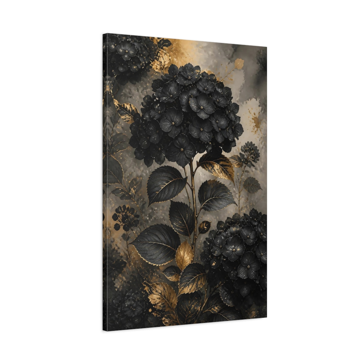 Main Mockup. Floral Hydrangeas Black And Gold shown as stretched canvas wall art