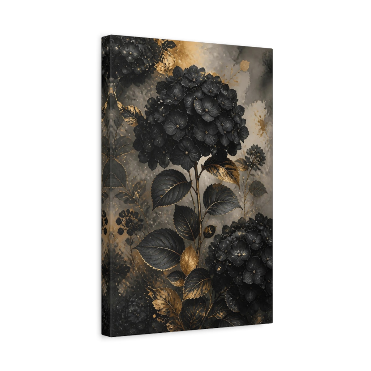 Side Mockup 4. Floral Hydrangeas Black And Gold shown as stretched canvas wall art