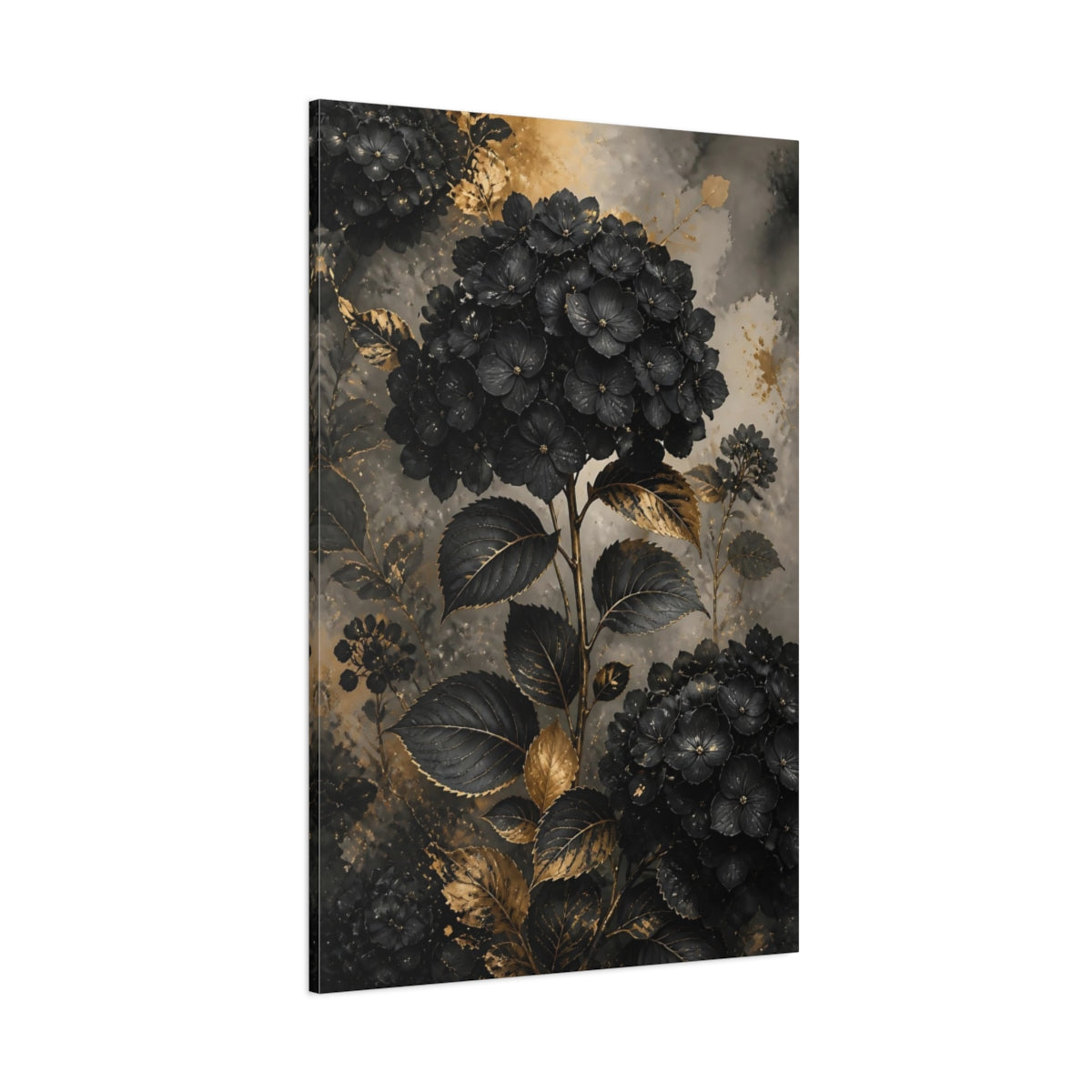 Side Mockup 1. Floral Hydrangeas Black And Gold shown as stretched canvas wall art