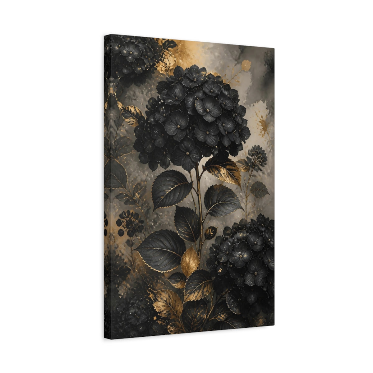 Side Mockup 3. Floral Hydrangeas Black And Gold shown as stretched canvas wall art