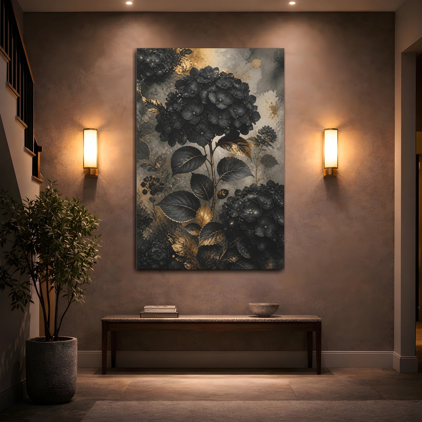 Mockup 2. Floral Hydrangeas Black And Gold shown as stretched canvas wall art
