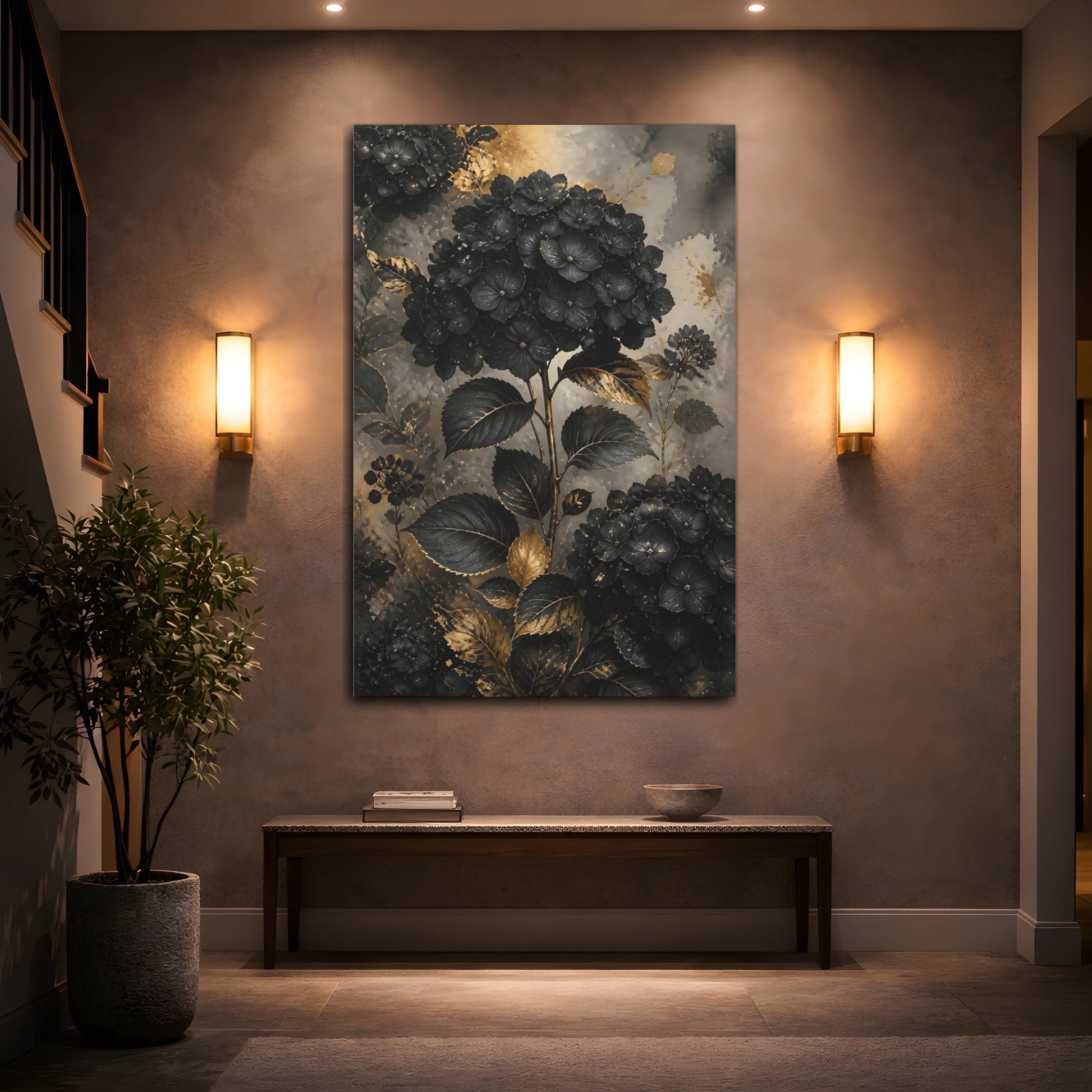 Mockup 2. Floral Hydrangeas Black And Gold shown as stretched canvas wall art
