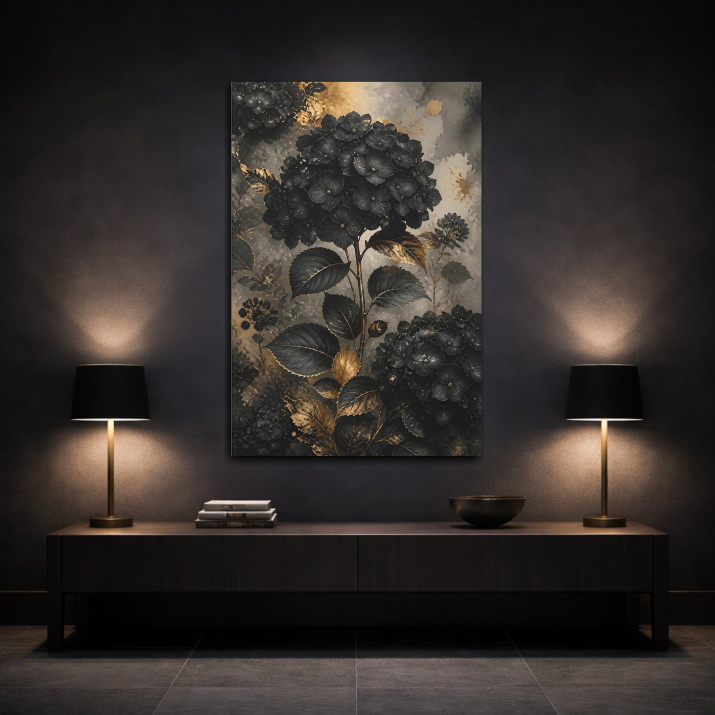 Mockup 3. Floral Hydrangeas Black And Gold shown as stretched canvas wall art