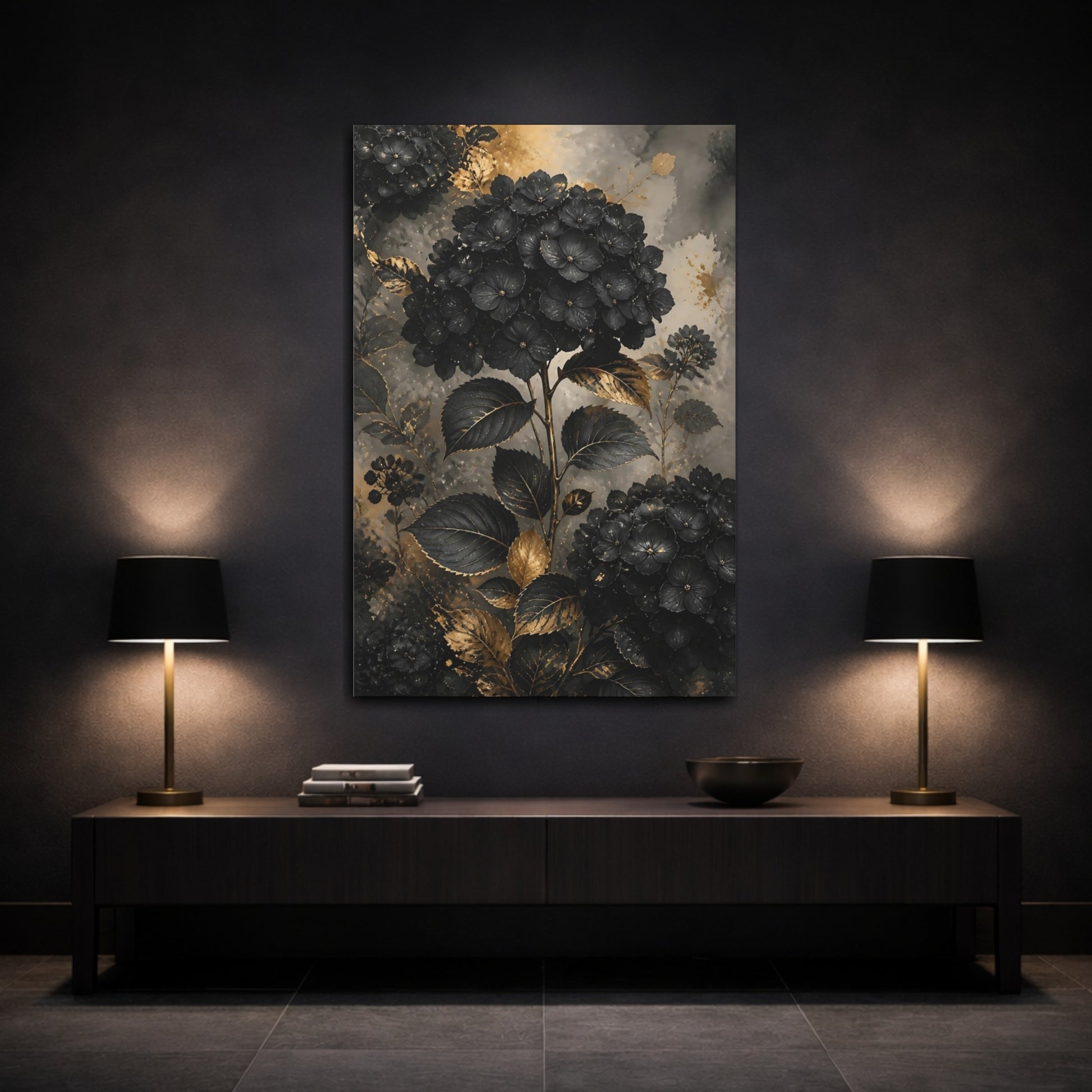 Mockup 3. Floral Hydrangeas Black And Gold shown as stretched canvas wall art